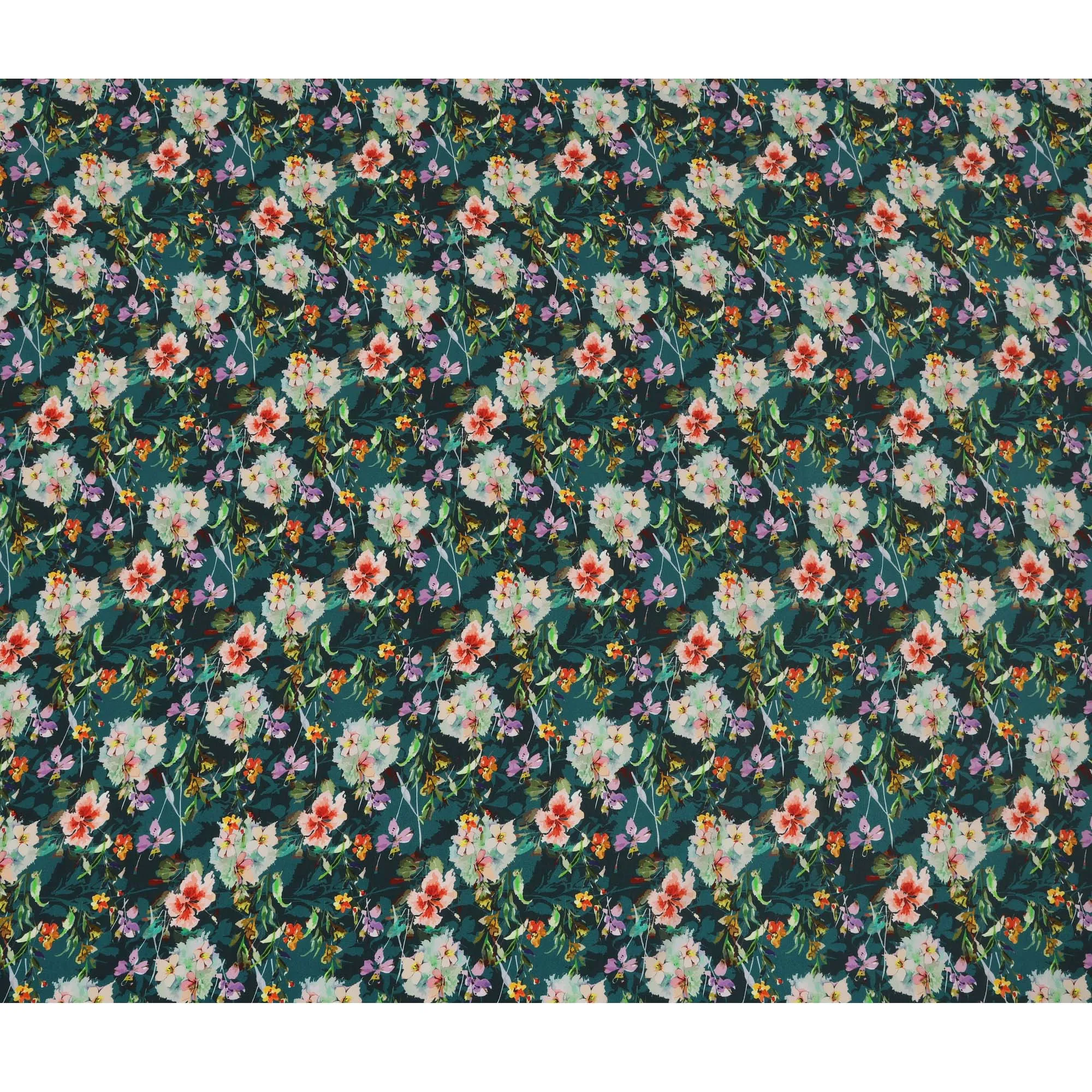 Dark Green Viscose Fabric with Multicolor Floral Digital Print, 110 cm Width-D20627