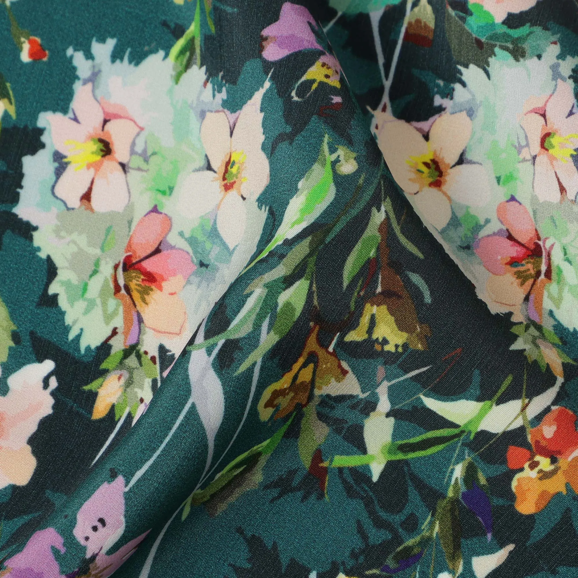 Dark Green Viscose Fabric with Multicolor Floral Digital Print, 110 cm Width-D20627