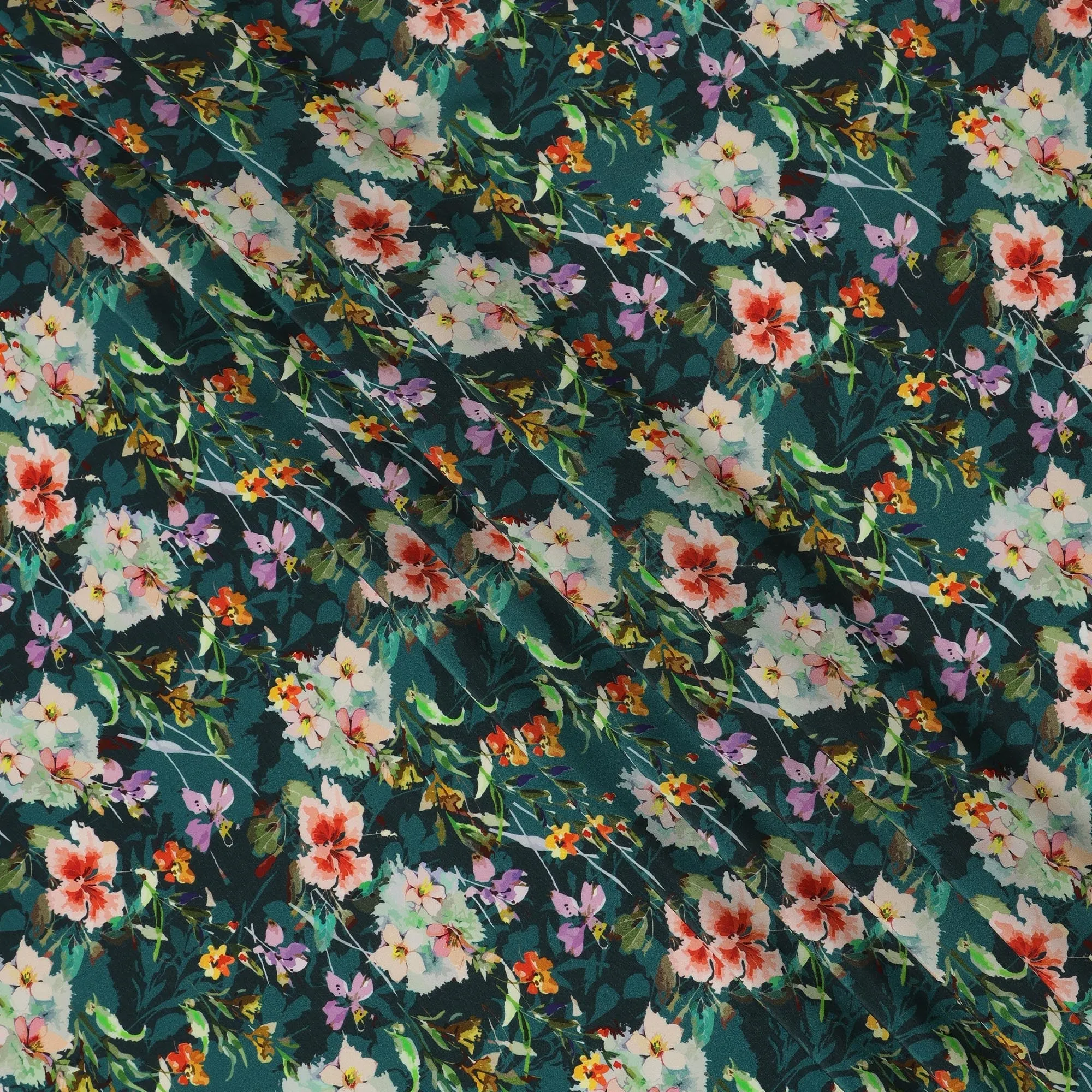 Dark Green Viscose Fabric with Multicolor Floral Digital Print, 110 cm Width-D20627