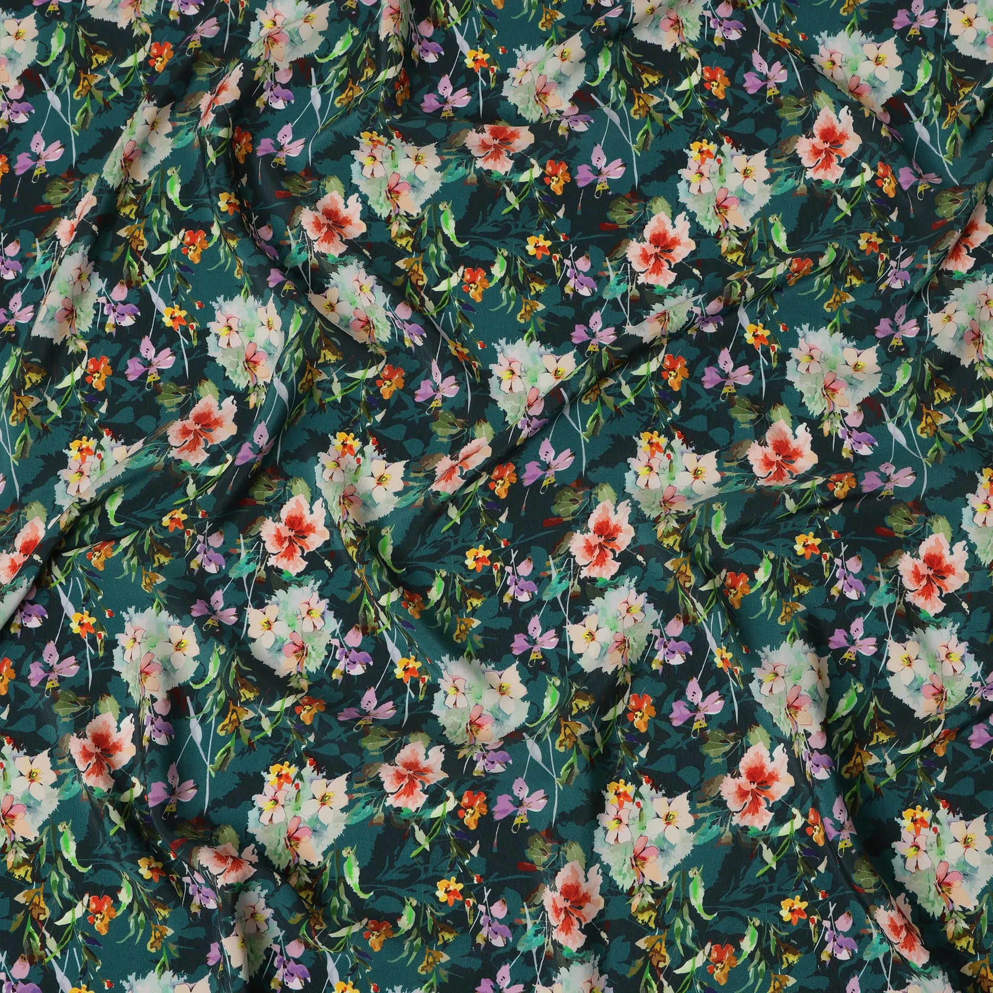 Dark Green Viscose Fabric with Multicolor Floral Digital Print, 110 cm Width-D20627