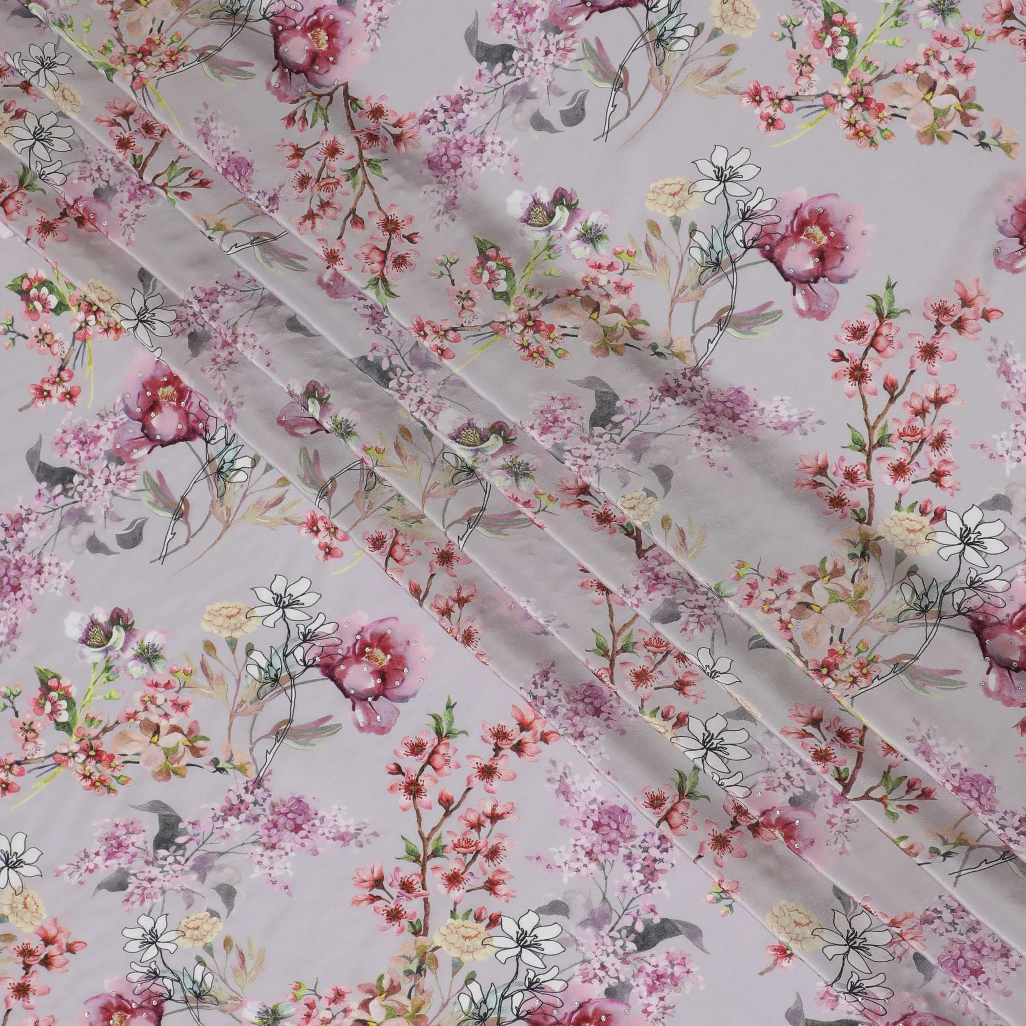 Delicate Blush Crepe Fabric with Vibrant Floral Print and Stone Accents, 110 cm Width - Imported from India-D20254