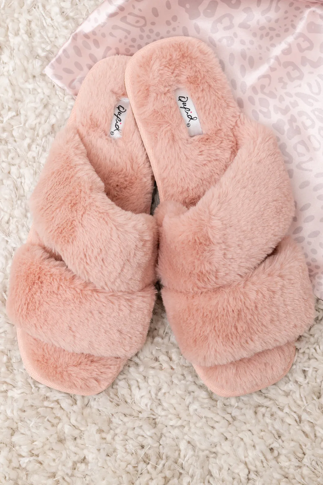 Double Strap Faux Fur Slippers In Blush