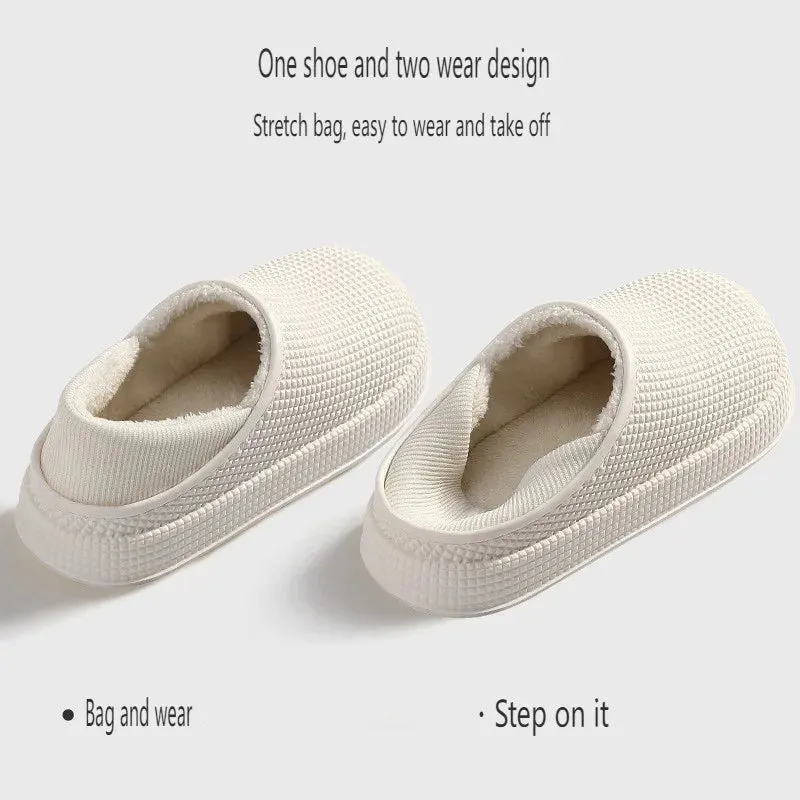 Dual Purpose Waterproof Warm Slippers Winter Home Slippers Women Thick Platform Plush Cloud Slippers Flat Heels Non Slip Cotton