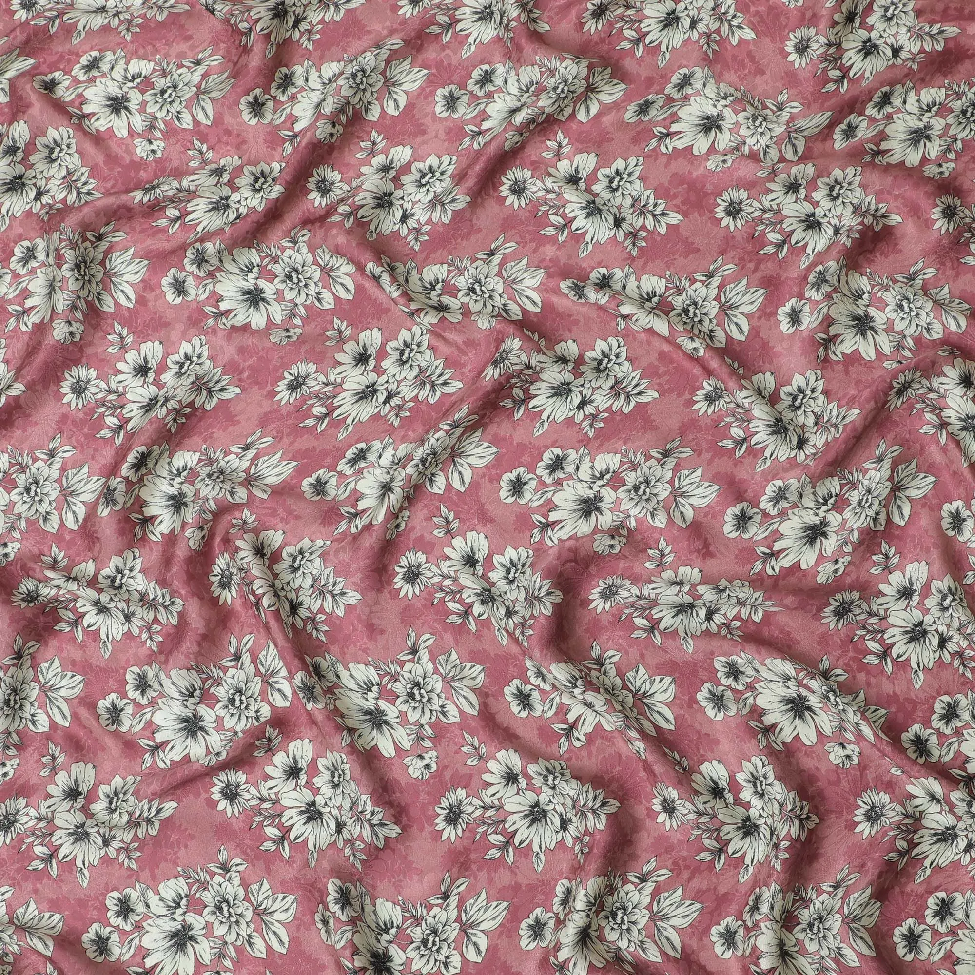 Dusty Rose Floral Sketch Crepe Silk Fabric, 110cm Width - Vintage Charm for Garments & Accents-D18910