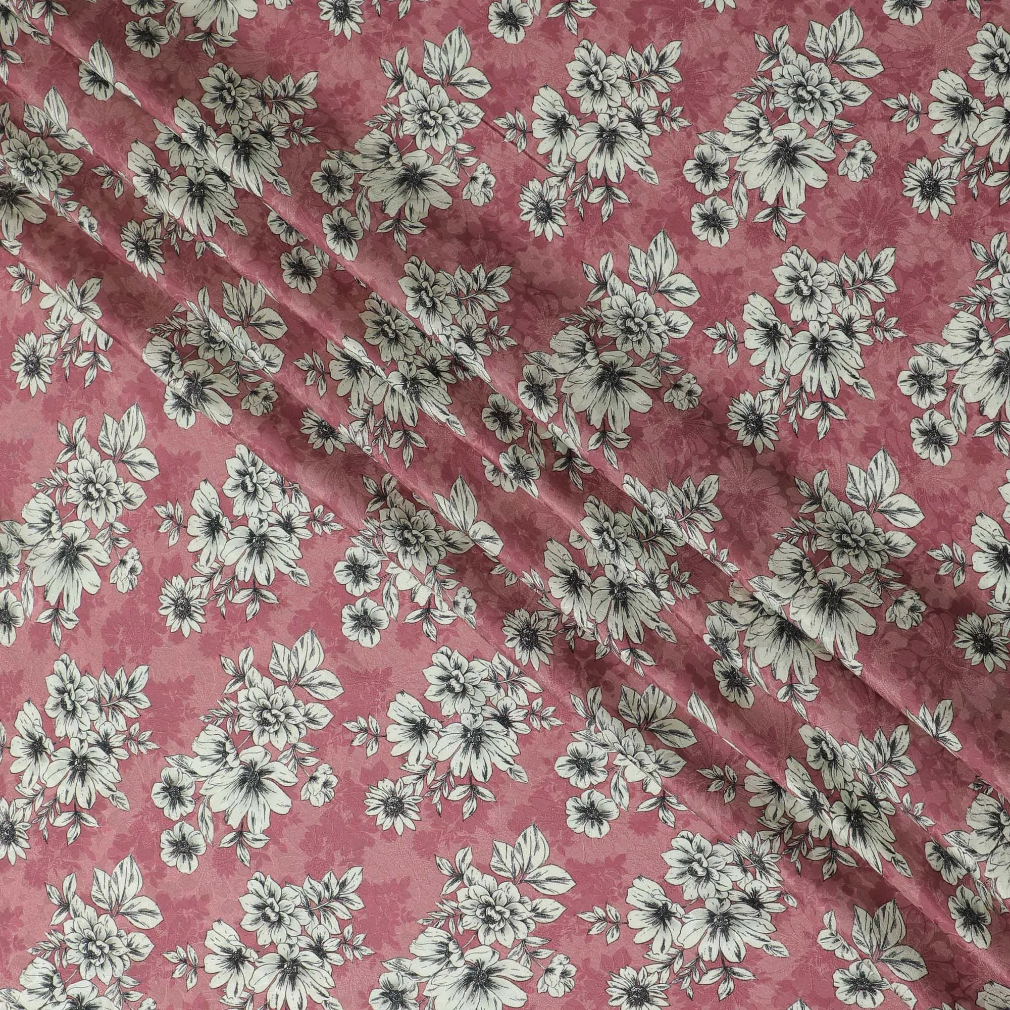 Dusty Rose Floral Sketch Crepe Silk Fabric, 110cm Width - Vintage Charm for Garments & Accents-D18910