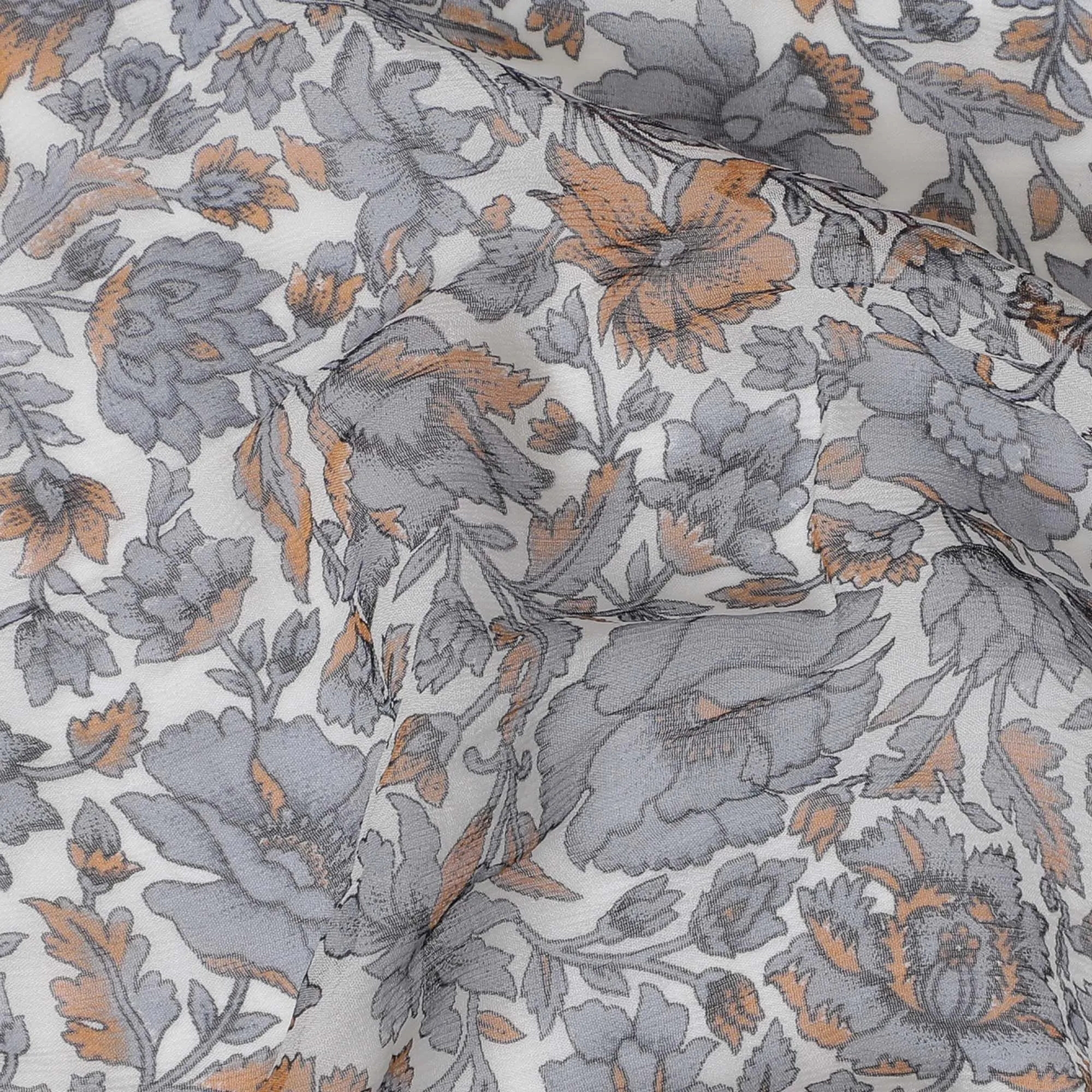 Elegant Ash Floral Pure Wrinkle Silk Chiffon Fabric - Timeless Print, 110cm Width - Shop Online by the Meter-D18046