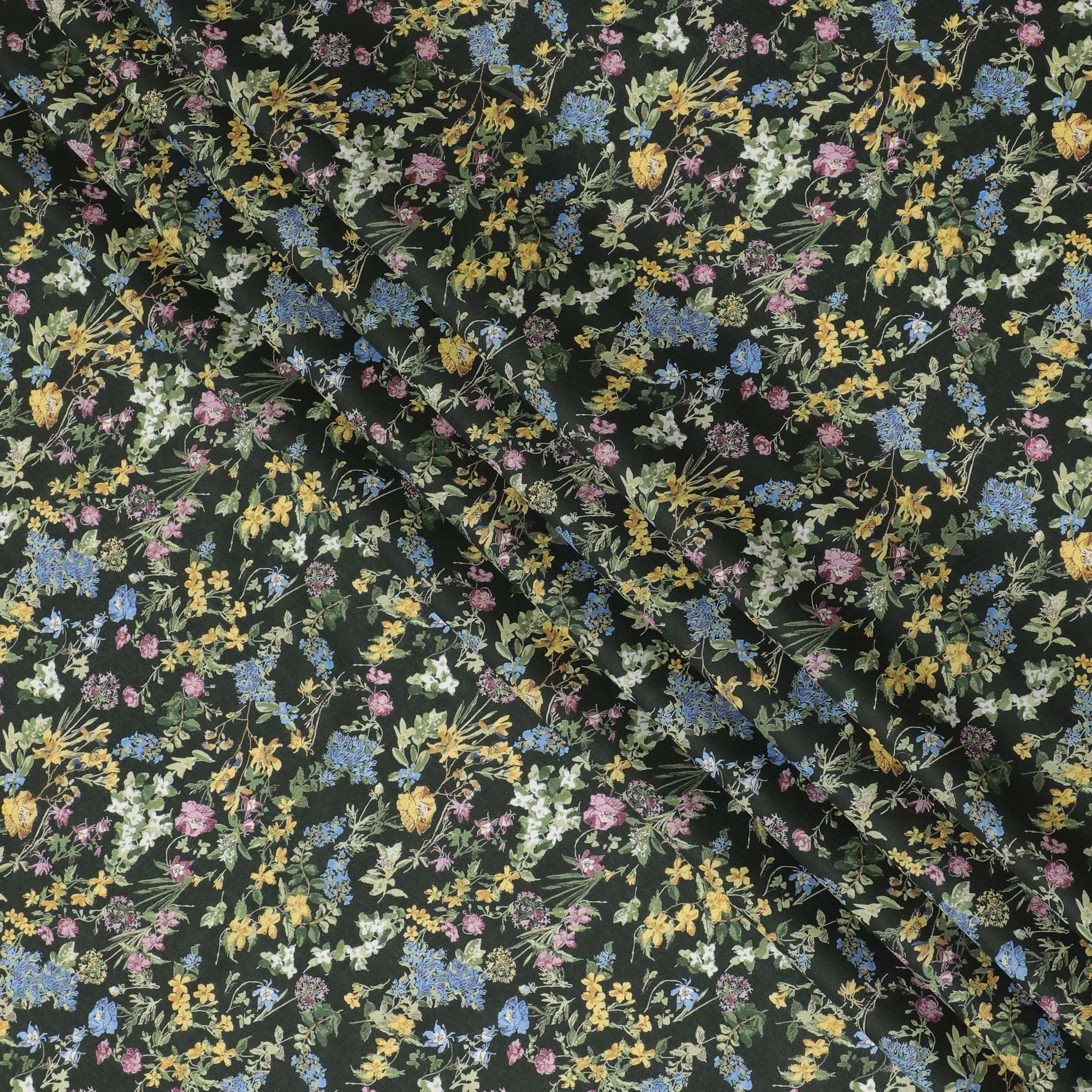 Elegant Green Floral Cotton Lawn Fabric with Yellow and Blue Blossoms, 110 cm Wide, Japanese Design-D19566