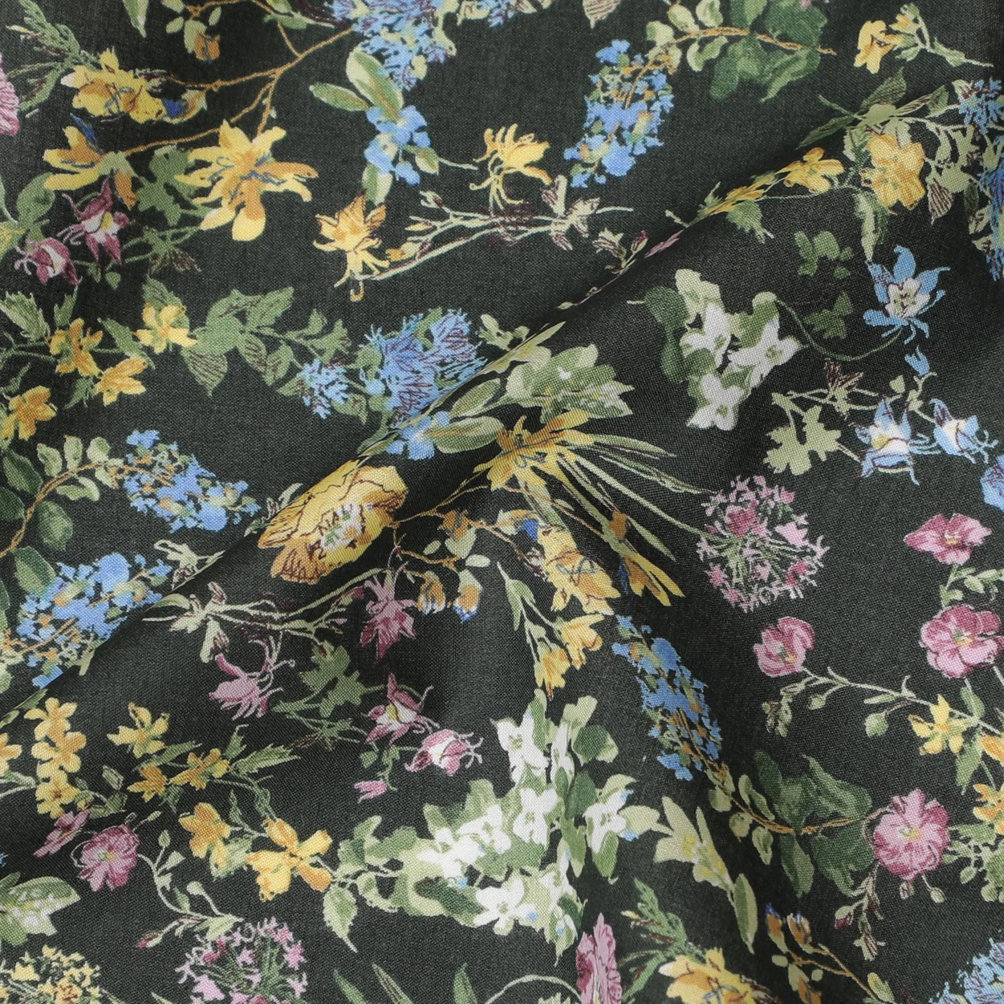 Elegant Green Floral Cotton Lawn Fabric with Yellow and Blue Blossoms, 110 cm Wide, Japanese Design-D19566