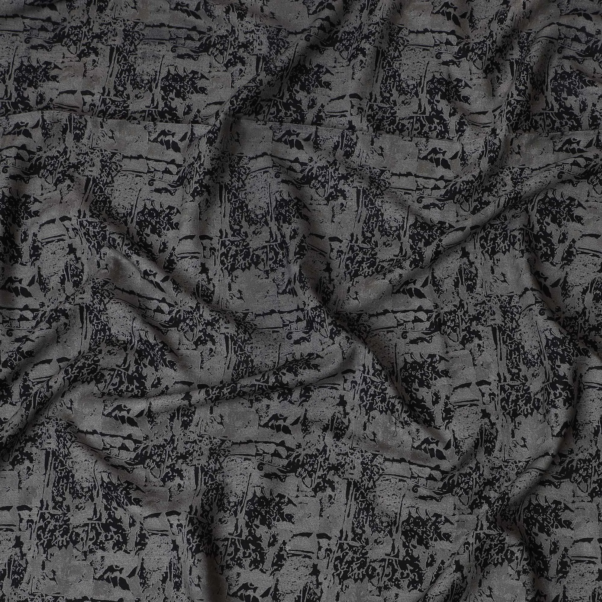 Elegant Grey Viscose Crepe Fabric with Abstract Black Design, Soft Texture, 110 cm Wide-D19182