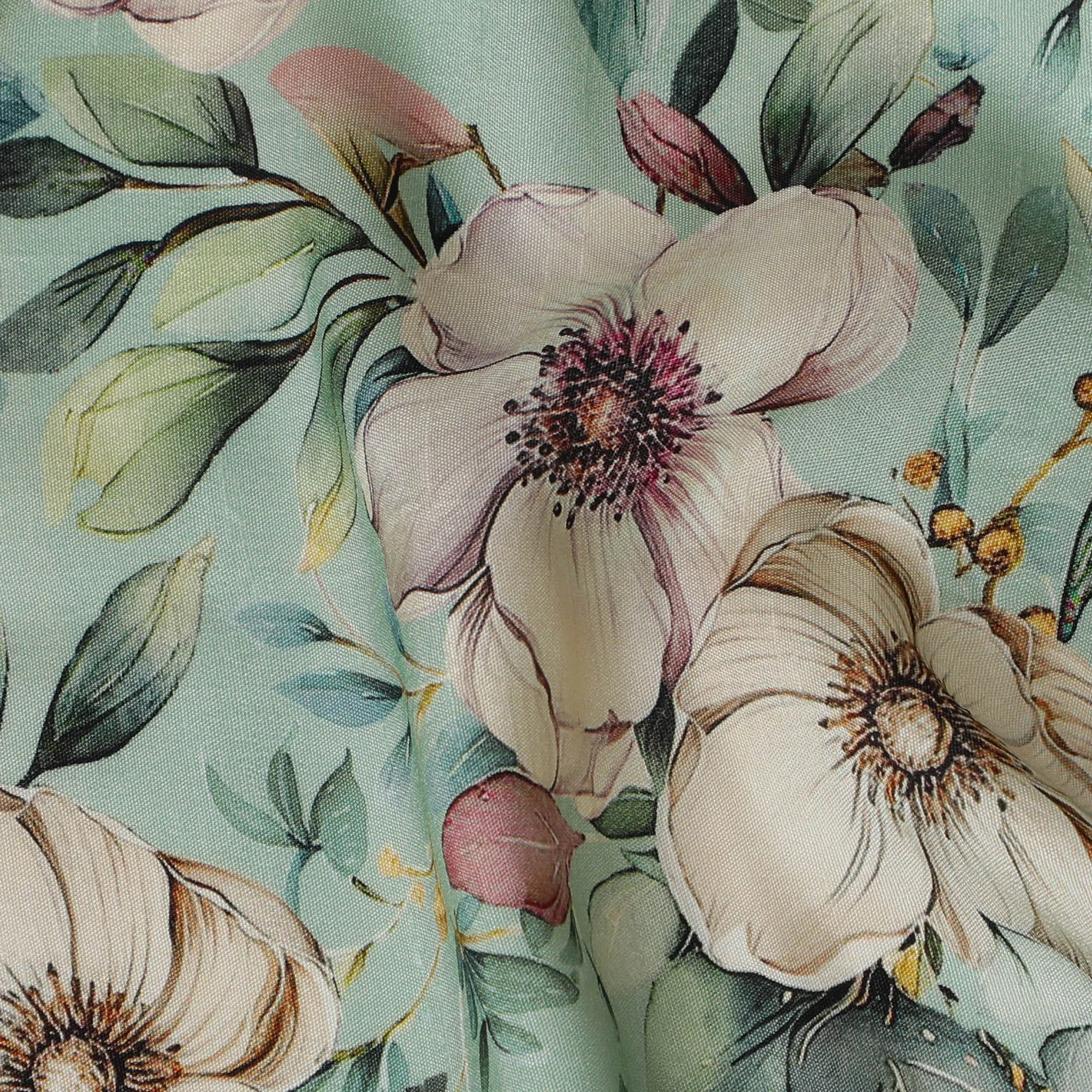 Elegant Mint Green Floral Viscose Fabric - 110 cm Wide-D19406