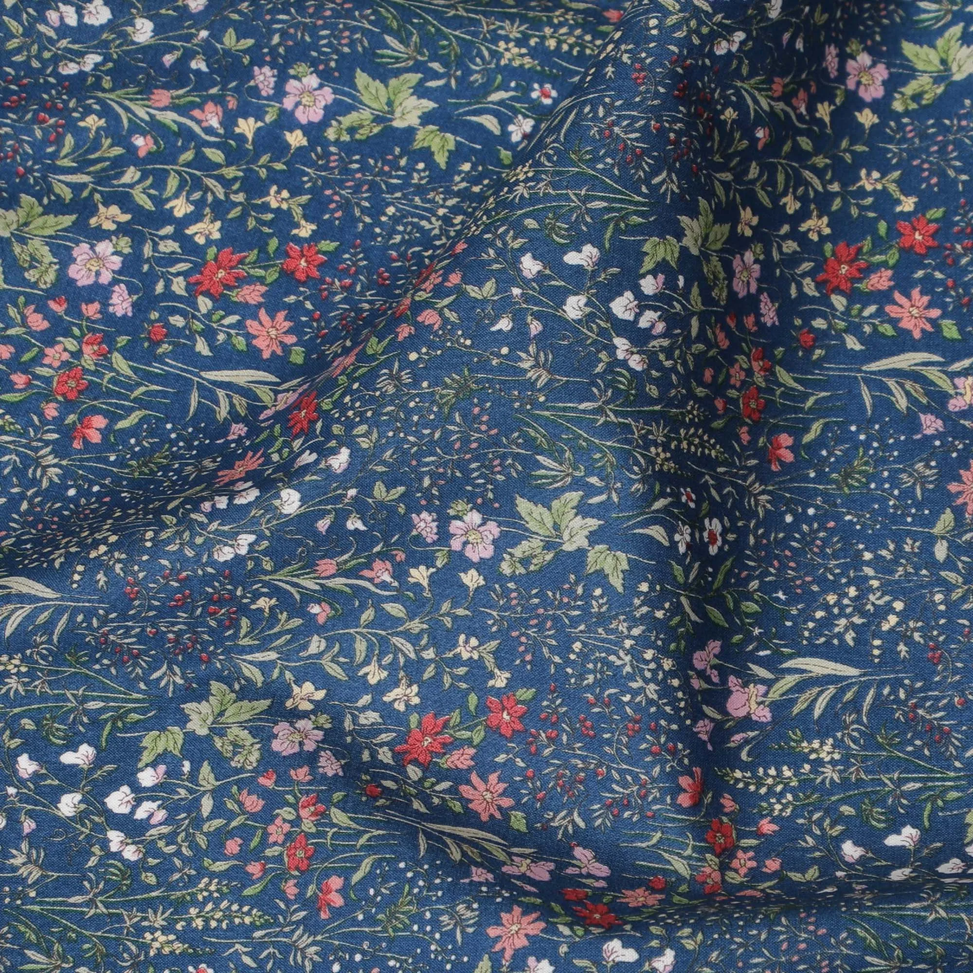 Elegant Navy Blue Floral Cotton Lawn Fabric with Red and Pink Blossoms, 110 cm Wide, Japanese Design-D19554