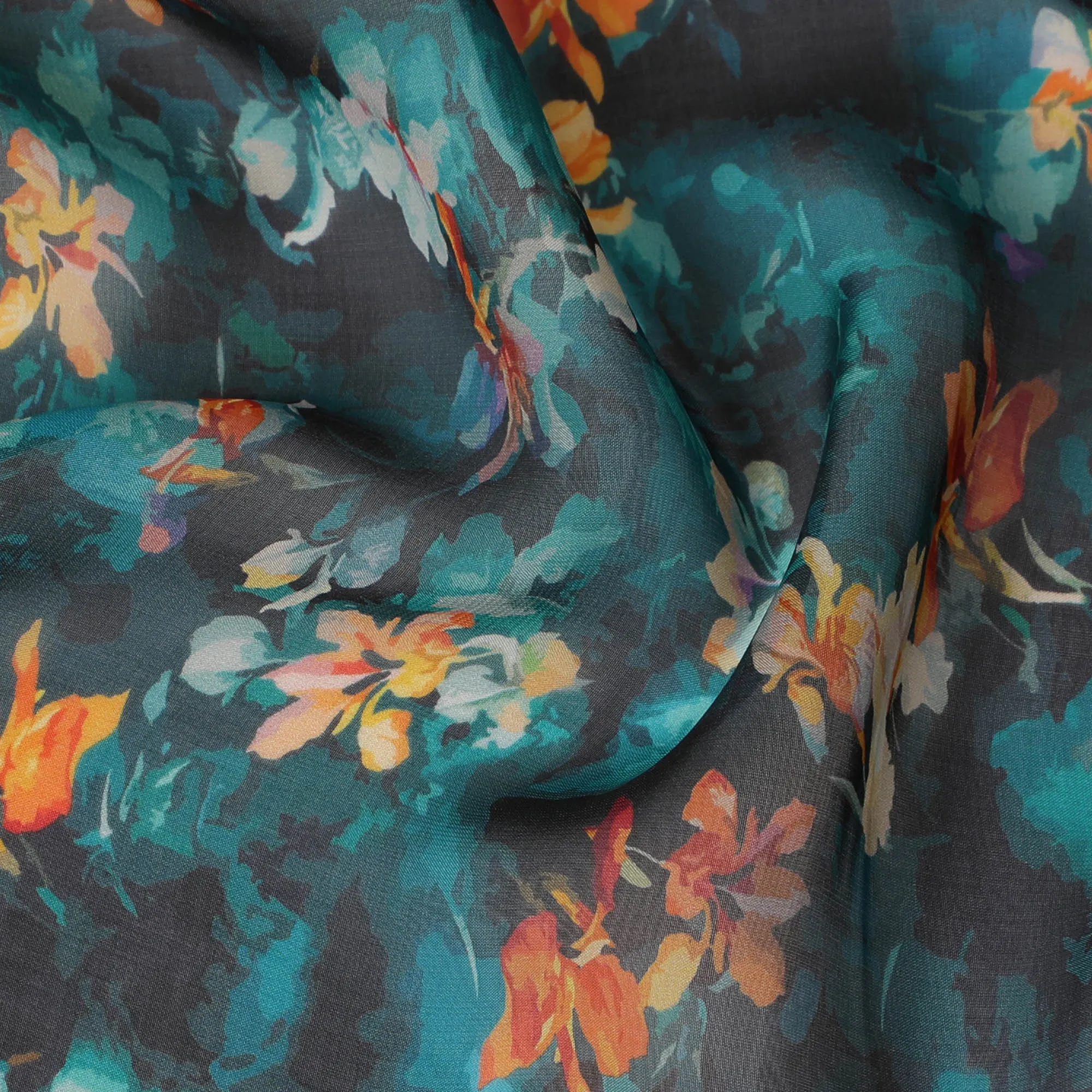 Elegant Teal Synthetic Chiffon Fabric with Vivid Orange Floral Print, 140 cm Wide-D19106