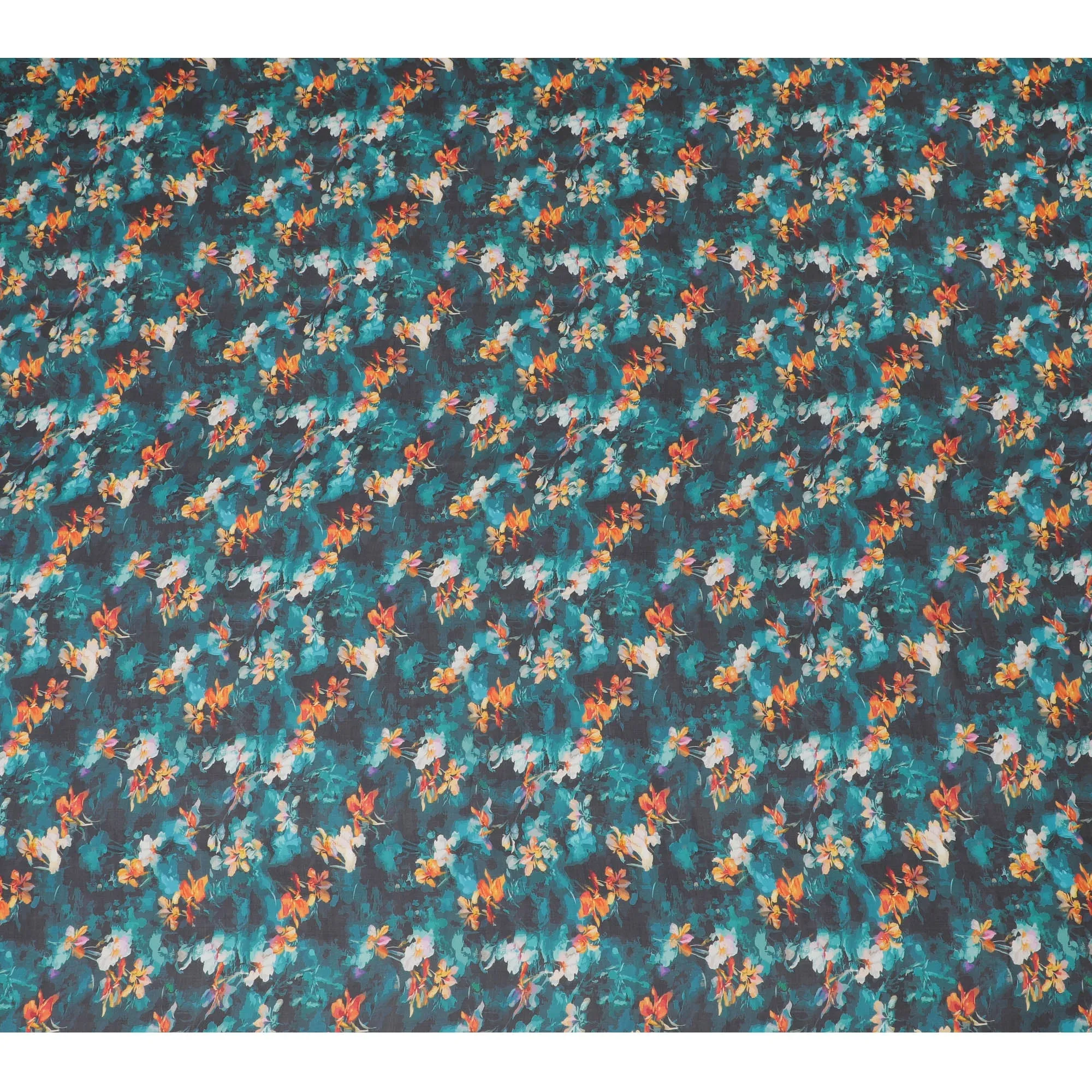 Elegant Teal Synthetic Chiffon Fabric with Vivid Orange Floral Print, 140 cm Wide-D19106