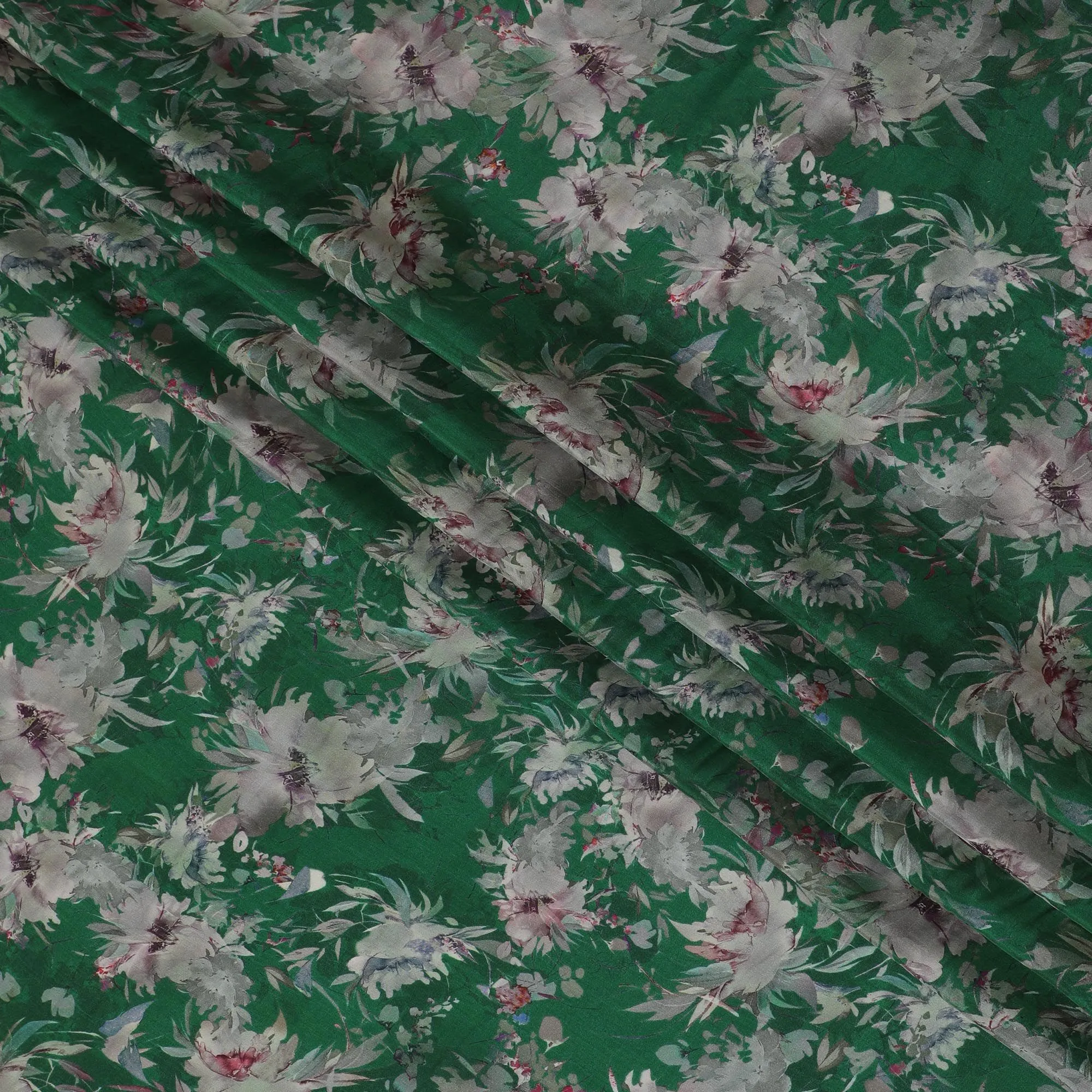 Emerald Flora Viscose Crepe Fabric - Lush Floral Print on Green, 110cm Width (India)  - D17653