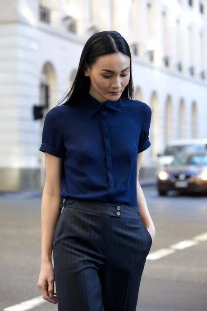 Eva Short Sleeve Blouse - Navy Silk Stretch