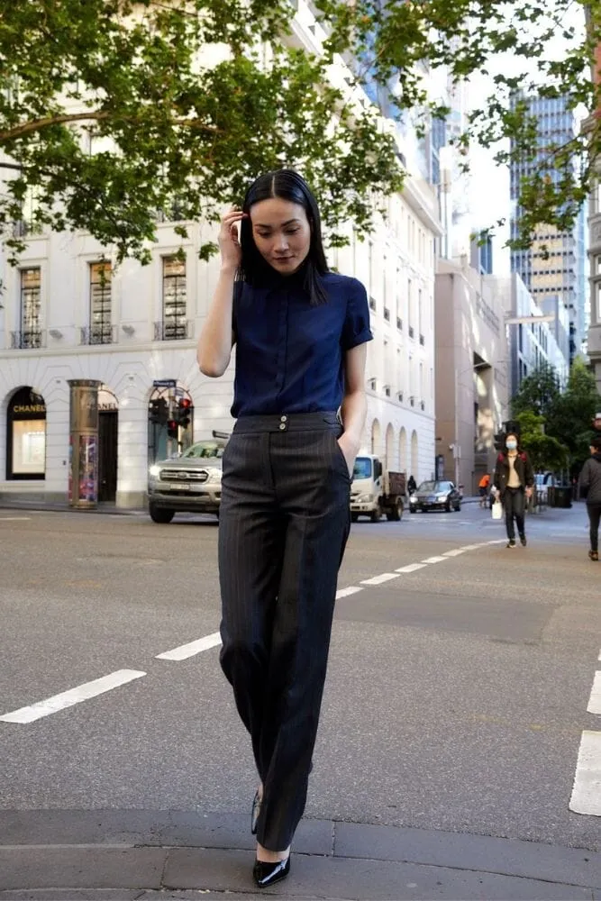 Eva Short Sleeve Blouse - Navy Silk Stretch