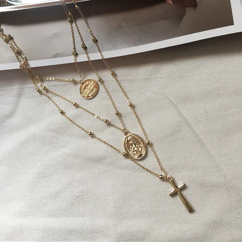 Fashionable Gold Coin Cross Necklace with Alloy Chain and Elegant Design