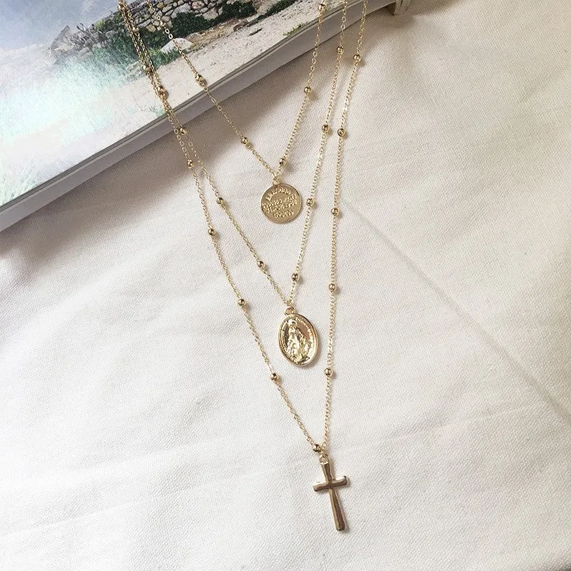 Fashionable Gold Coin Cross Necklace with Alloy Chain and Elegant Design