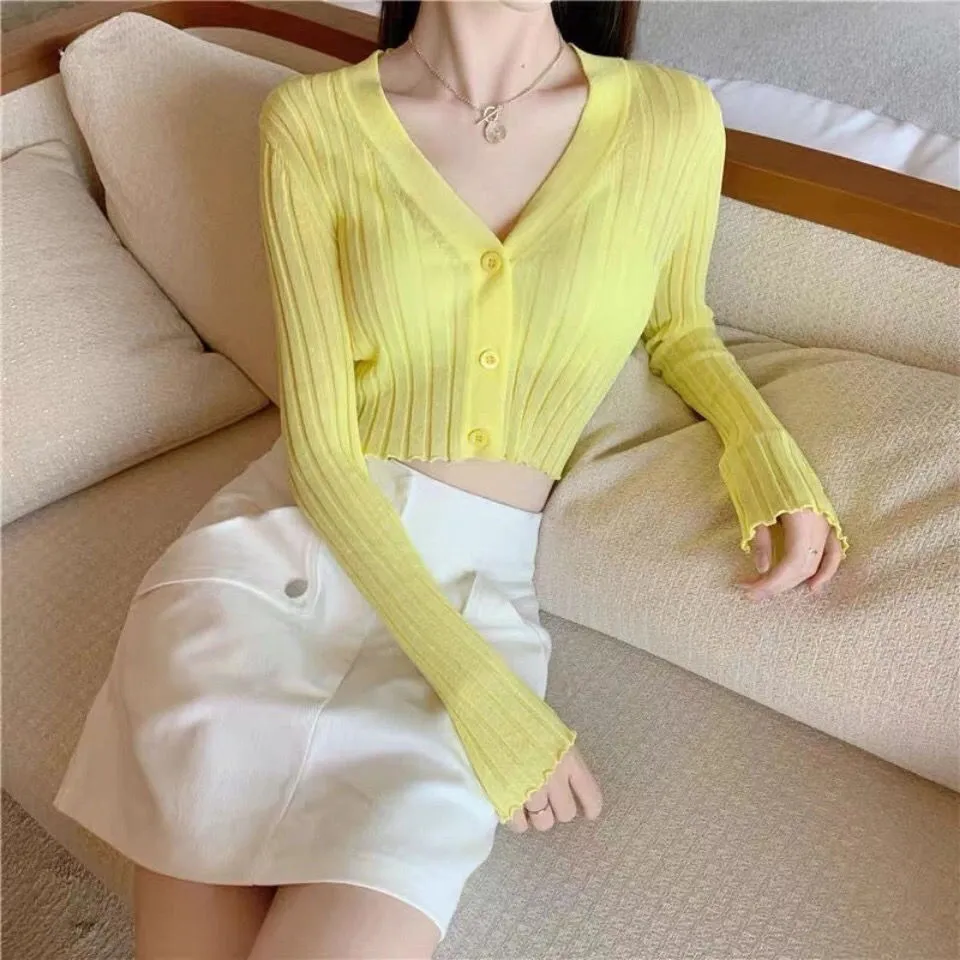 Fashionkova  Cardigans Women Solid Long Sleeve V-Neck Crop Tops Summer Thin Slim Sun-Proof Outwear Female Sexy Korean Style Knitted Chic Soft