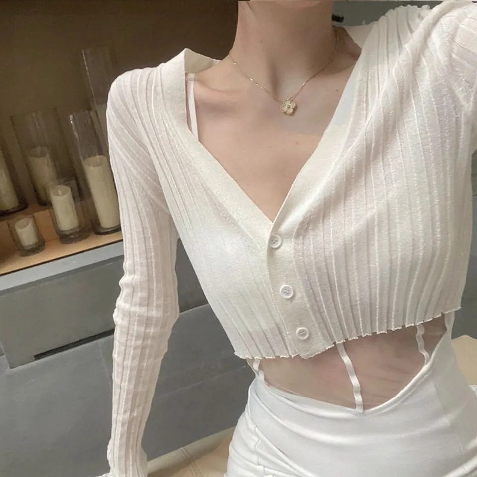 Fashionkova  Cardigans Women Solid Long Sleeve V-Neck Crop Tops Summer Thin Slim Sun-Proof Outwear Female Sexy Korean Style Knitted Chic Soft