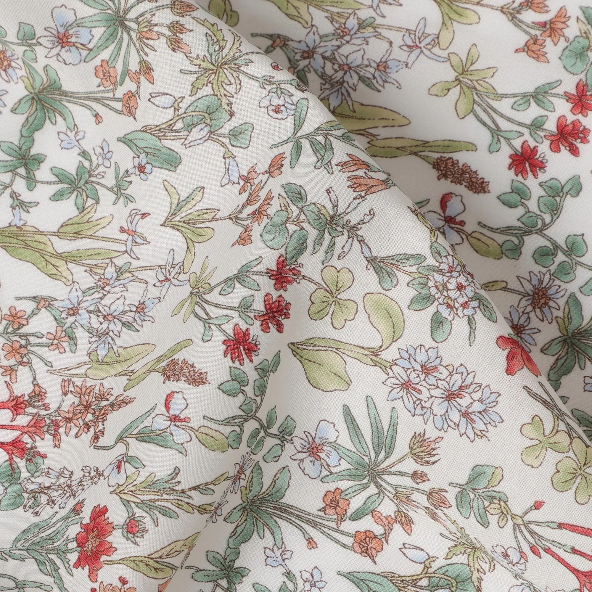 Floral Digital Print Cotton Lawn Fabric - Soft Cream Base, 110 cm Width-D21213