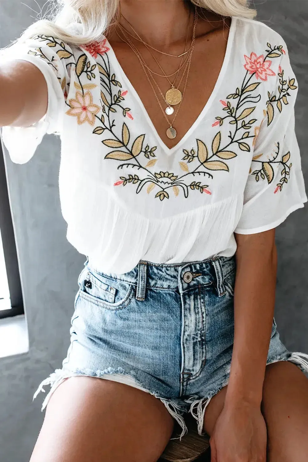 Floral Embroidered V Neck Blouse