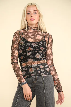 Floral Mock Neck Sheer Mesh Blouse