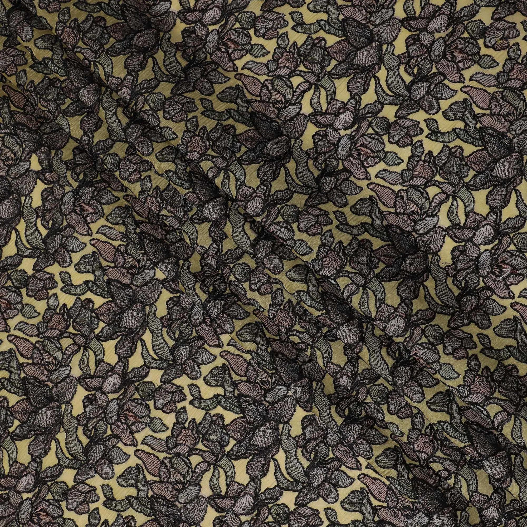 Golden Silk Organza Fabric with Black and Brown Floral Embroidery - 110 cm Wide - D19625