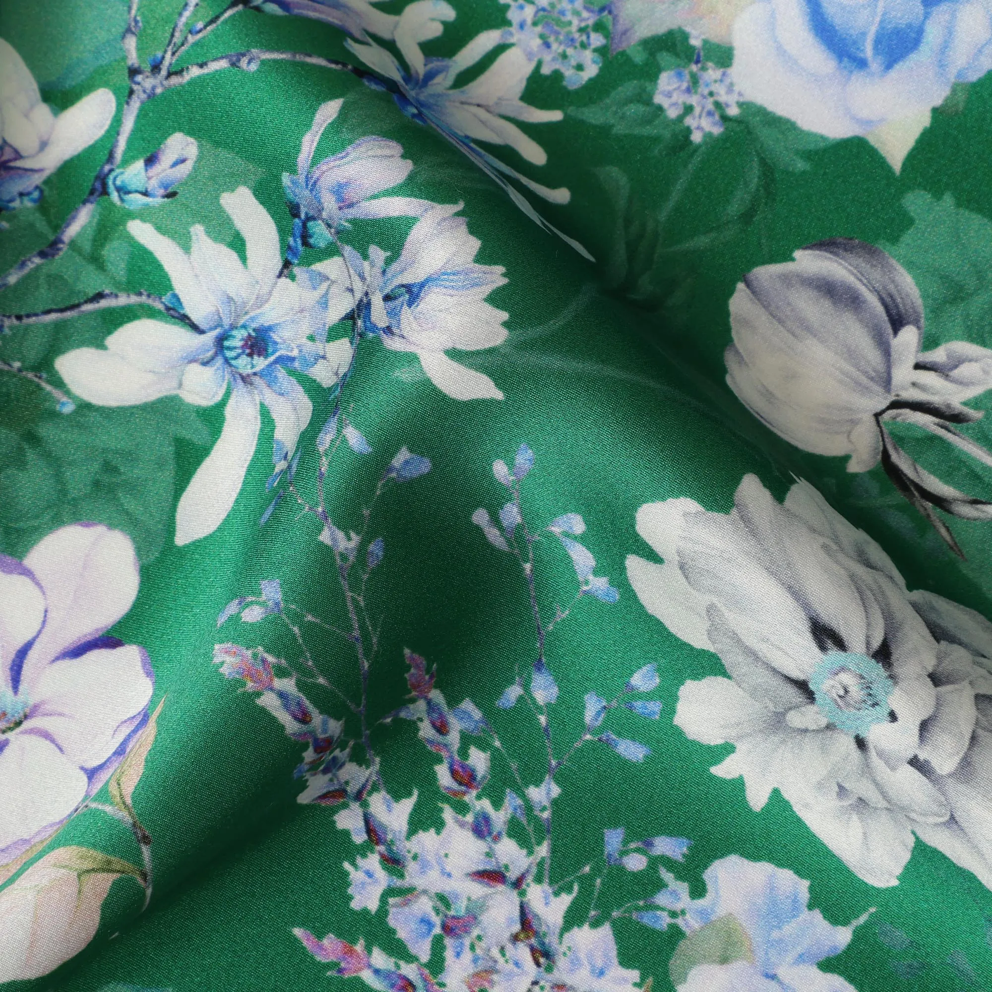 Green Floral Pure Silk Satin Fabric - 140 cm Width, Made in Italy-D20720