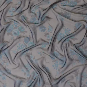 Grey and Blue Floral Pure Silk Chiffon Fabric, 110 cms, South Korea-D19883