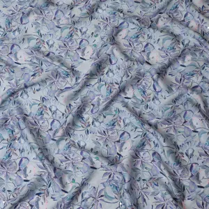 Ice Blue & Lavender Floral Viscose Modal Satin Fabric with Mirror Work - 110 cm Width-D20272