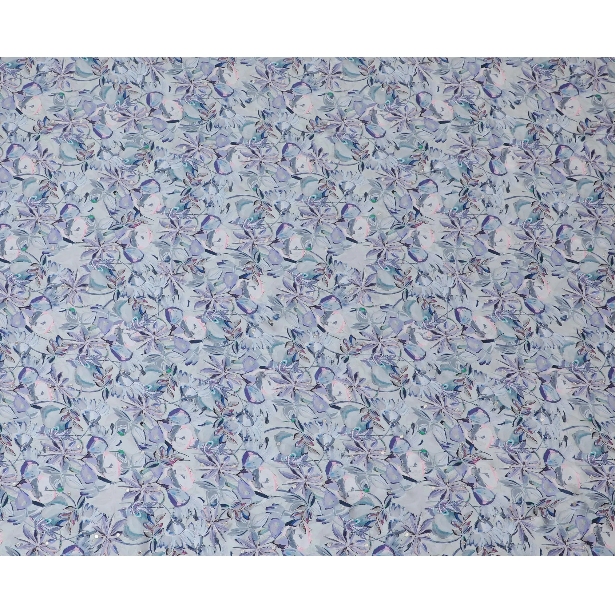 Ice Blue & Lavender Floral Viscose Modal Satin Fabric with Mirror Work - 110 cm Width-D20272