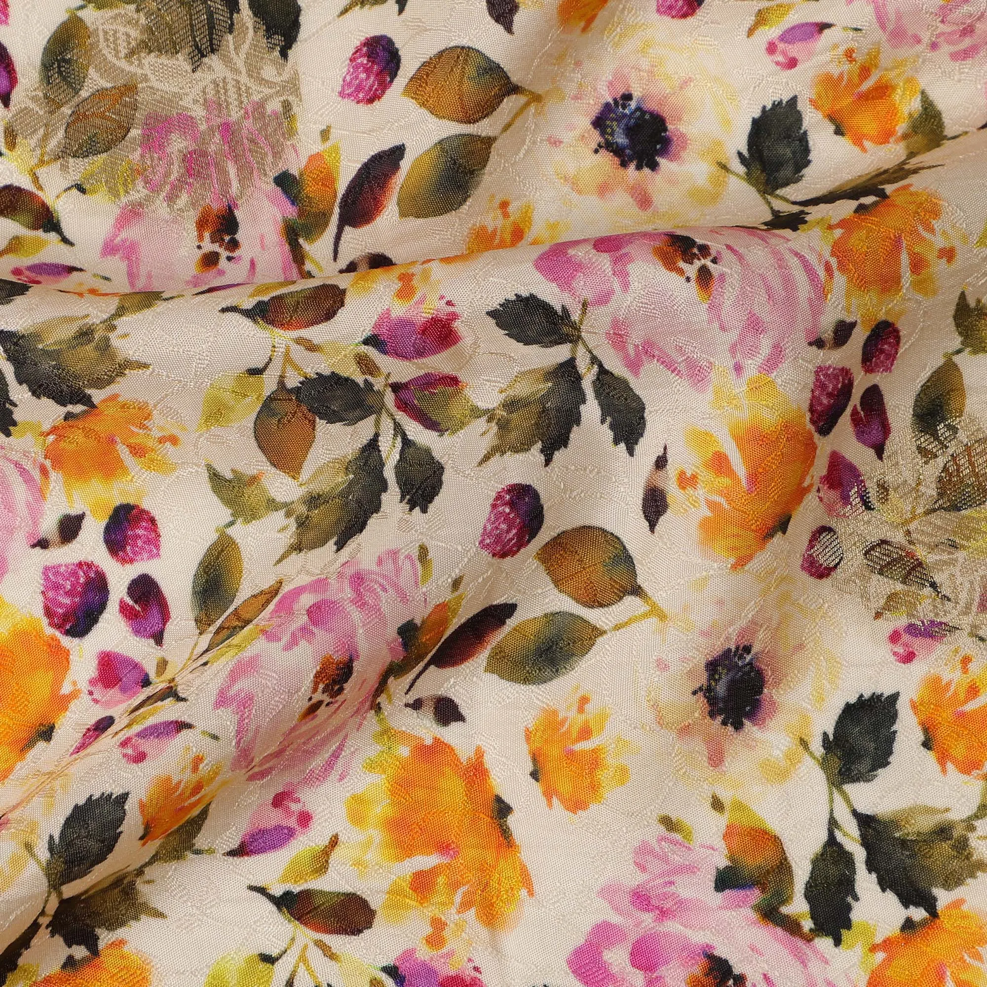 Ivory Floral Viscose Crepe Digital Print Fabric, 110 cm Wide, Made in India-D20986