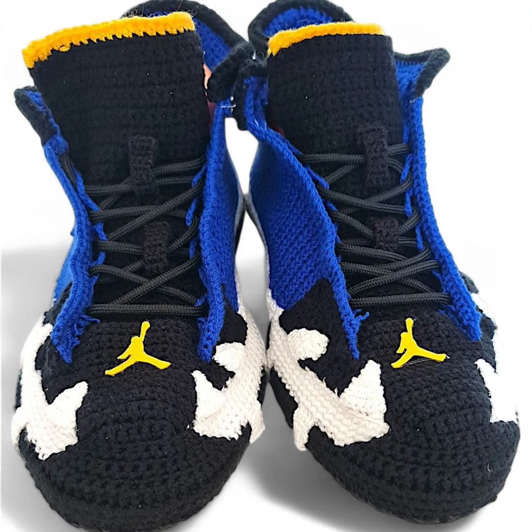 Jordan 14 Laney - Handmade Crochet Slippers - Cozy Blue and Black Knitted Sneakers