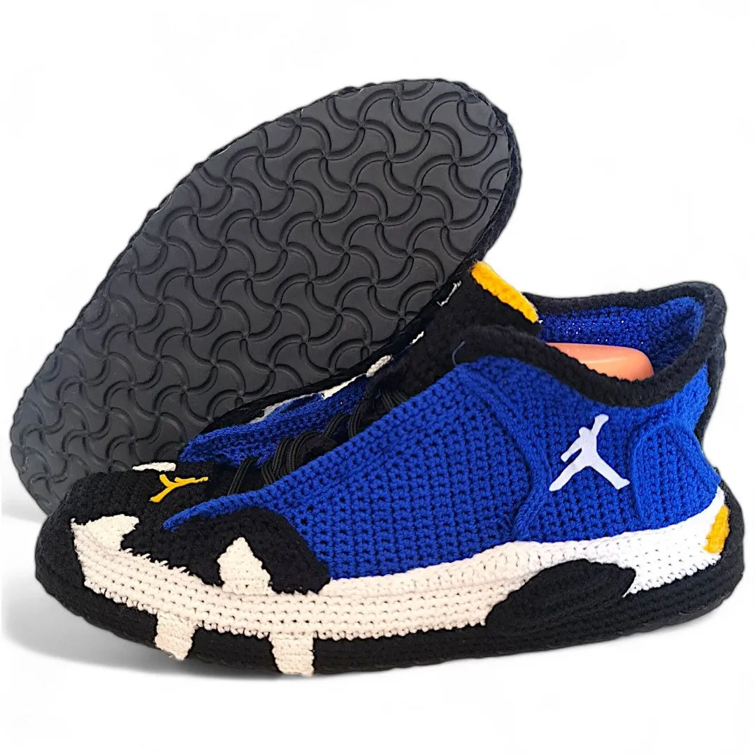 Jordan 14 Laney - Handmade Crochet Slippers - Cozy Blue and Black Knitted Sneakers