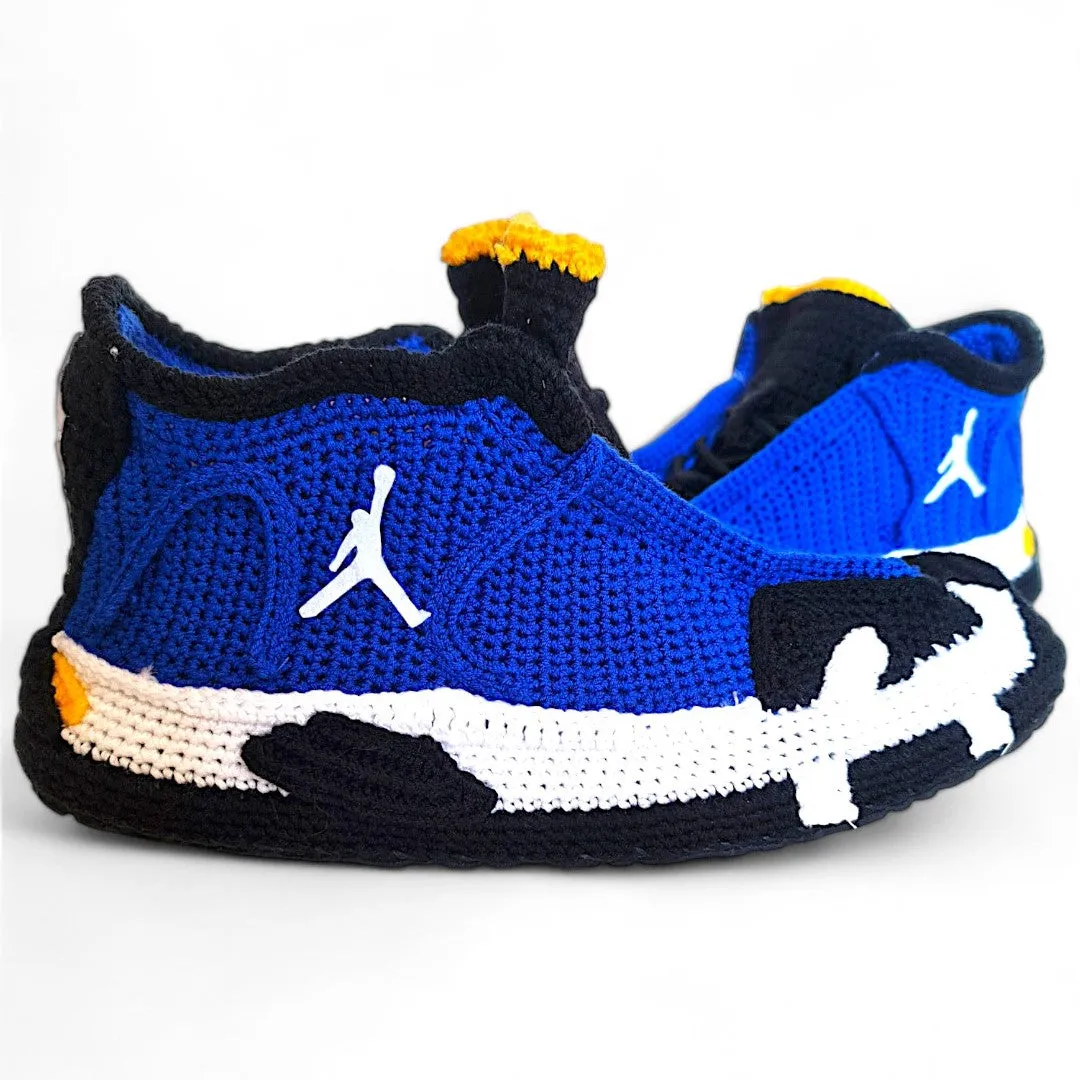 Jordan 14 Laney - Handmade Crochet Slippers - Cozy Blue and Black Knitted Sneakers