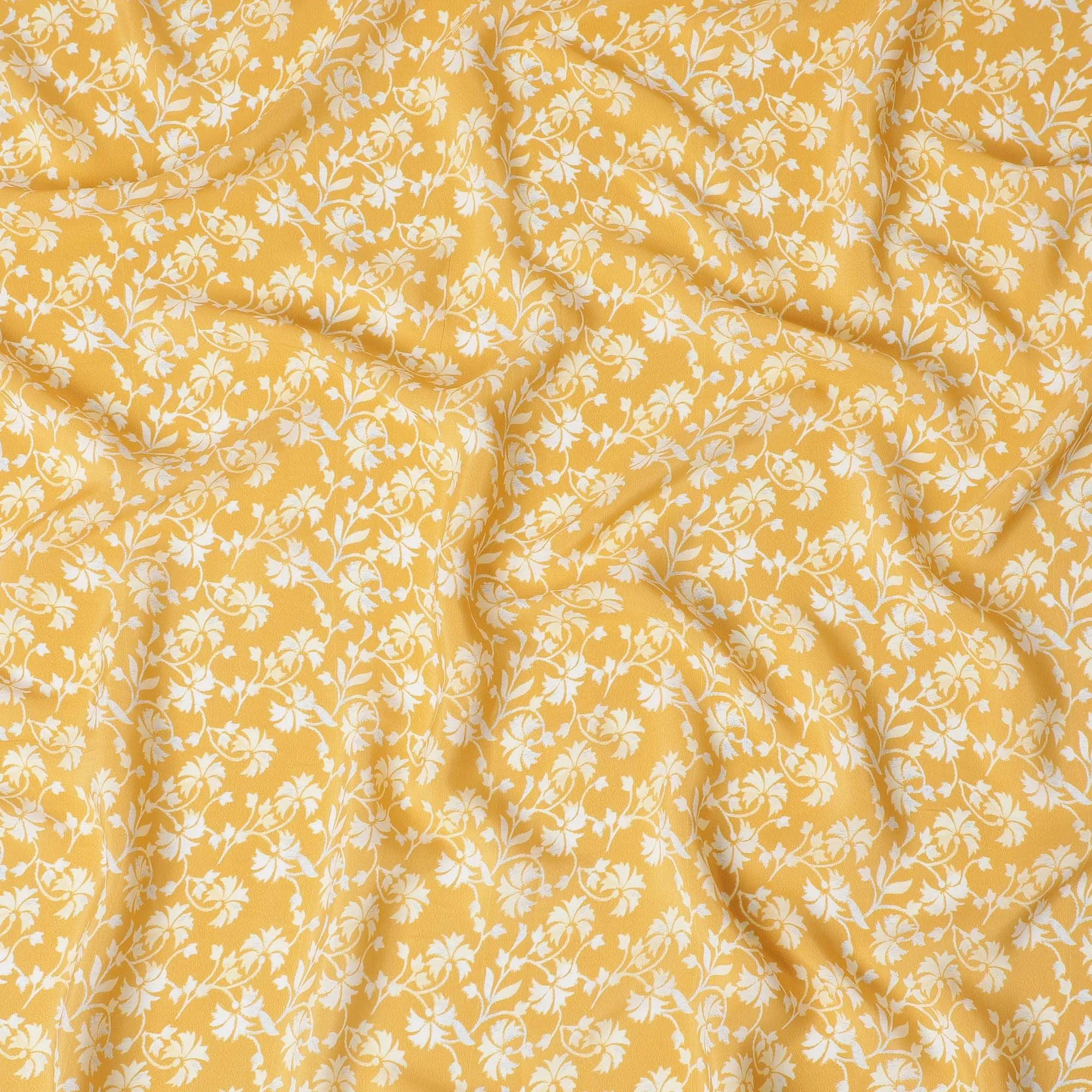 Marigold Bliss Viscose Crepe Fabric - White Floral Print on Sunny Yellow, 110cm Width (India)  - D17641