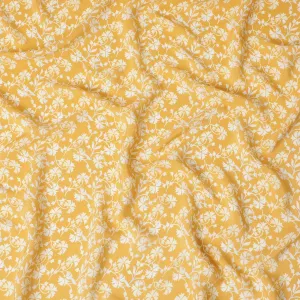 Marigold Bliss Viscose Crepe Fabric - White Floral Print on Sunny Yellow, 110cm Width (India)  - D17641