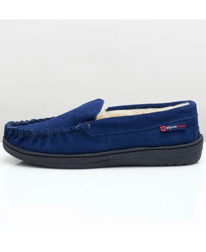 Men's Yukon Sheepskin Suede Loafers Alpine Swiss Slip On Toe Shoes Blue