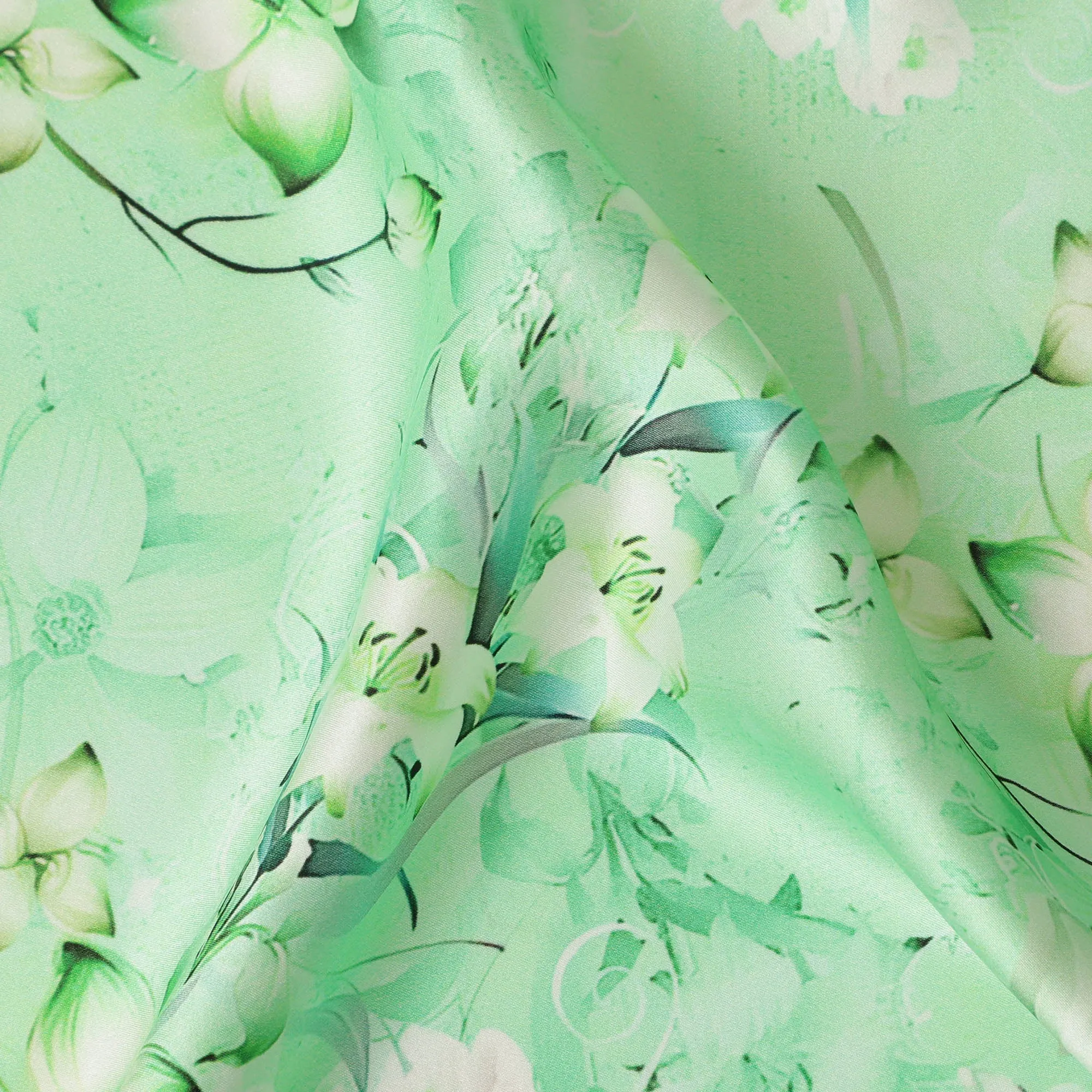 Mint Green Floral Pure Silk Satin Fabric - 140 cm Width, Made in Italy-D20735