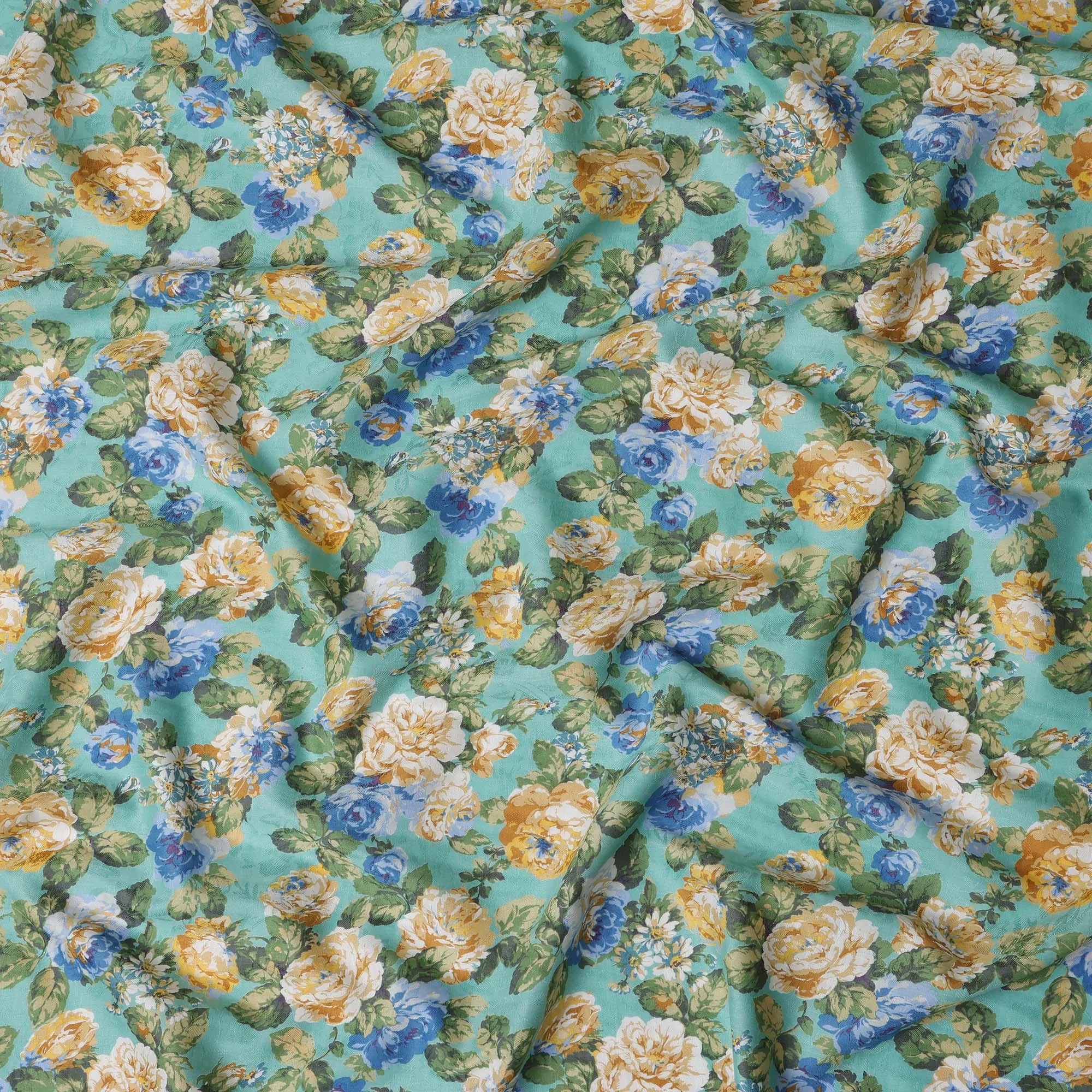 Mint Green Japanese Cotton Voile Fabric, Yellow & Blue Floral Print, 110 cm Width-D20915