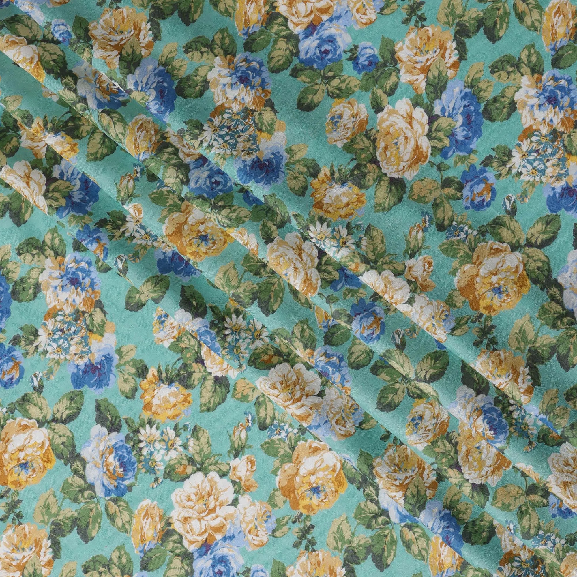 Mint Green Japanese Cotton Voile Fabric, Yellow & Blue Floral Print, 110 cm Width-D20915