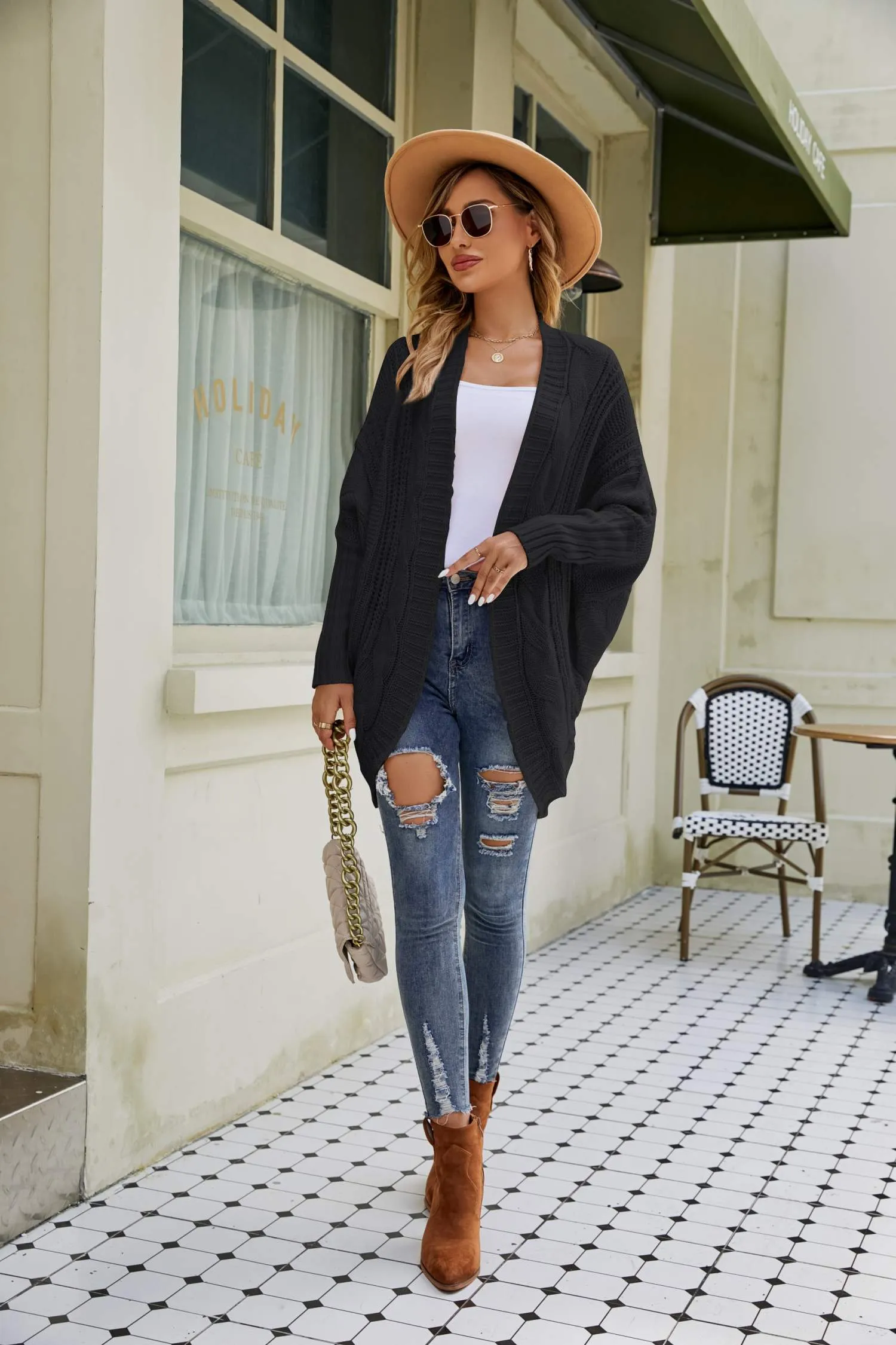 Mixed Knit Open Front Dolman Sleeve Cardigan