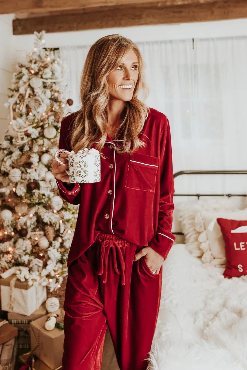 North Pole Burgundy Velvet Pajama Set