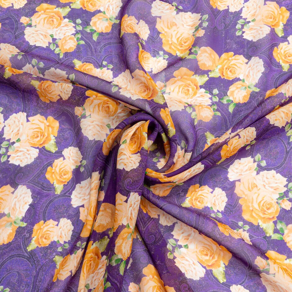 Orange Floral Purple Paisley Printed Silk Georgette