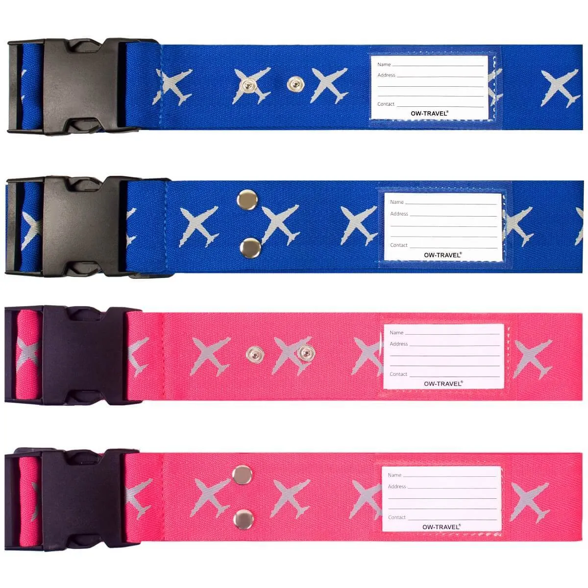 Pink and Blue luggage cross strap suitcase belts with baggage label