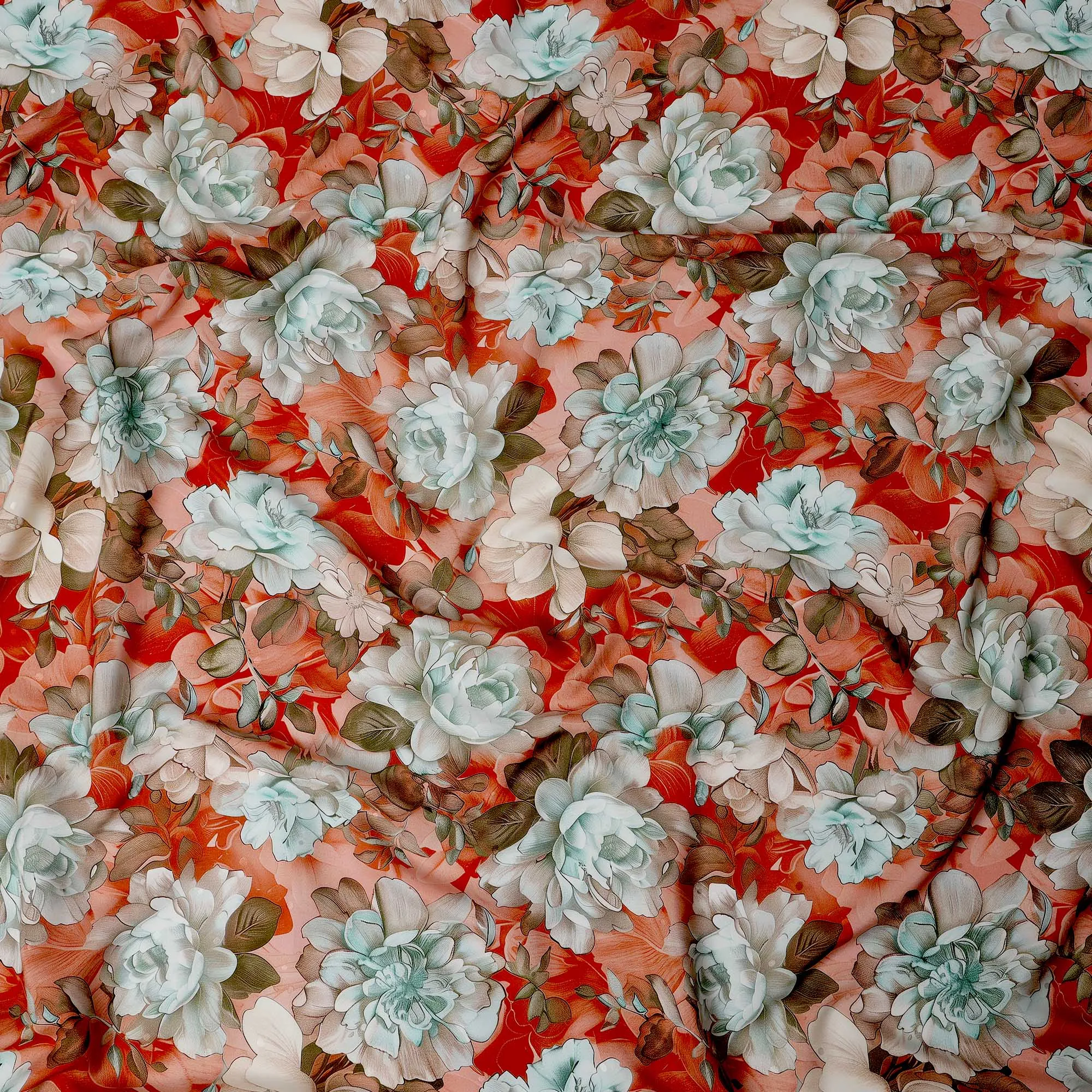 Red and Mint Green Floral Print Pure Silk Satin Fabric, 140 cm Width, Made in Italy -D21166