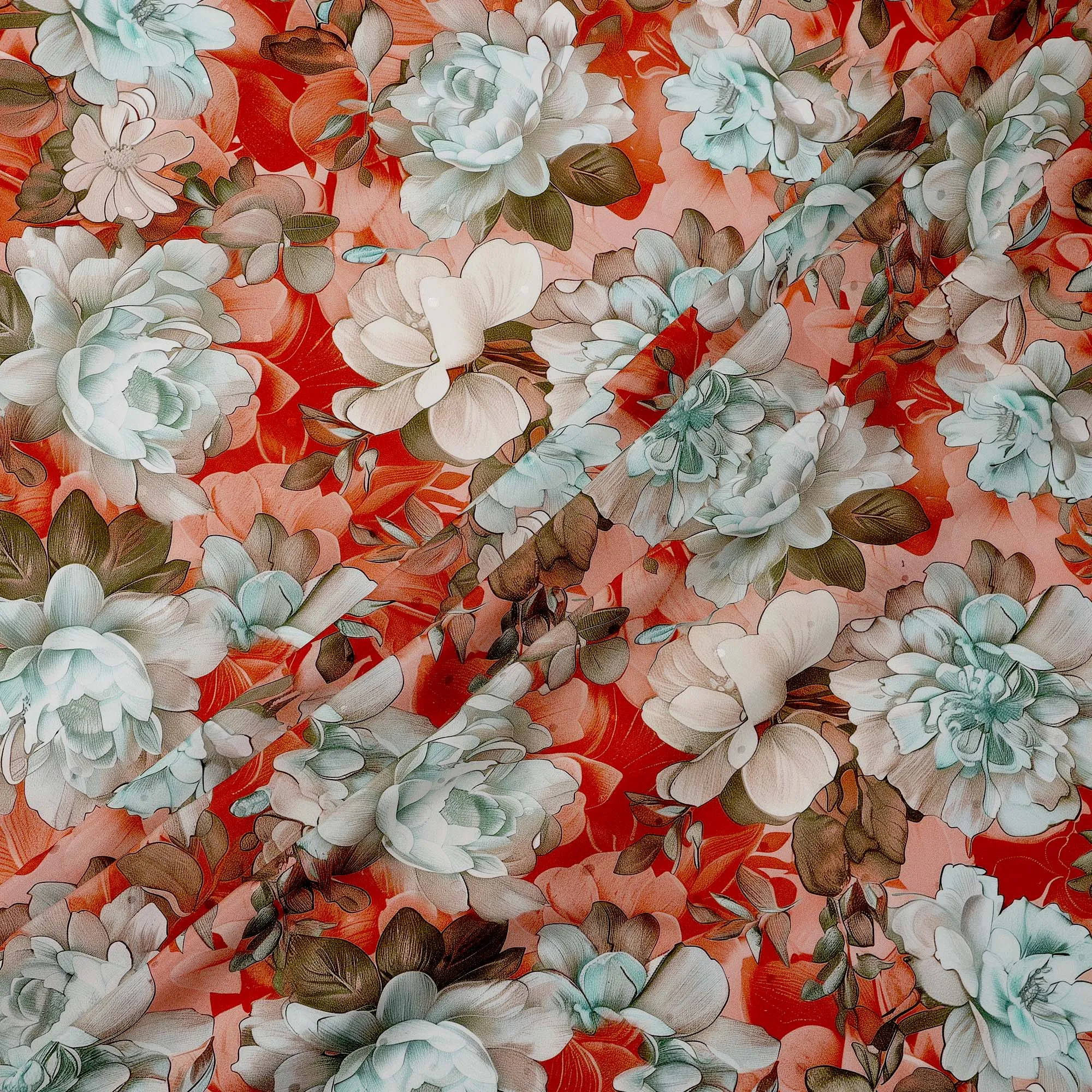 Red and Mint Green Floral Print Pure Silk Satin Fabric, 140 cm Width, Made in Italy -D21166