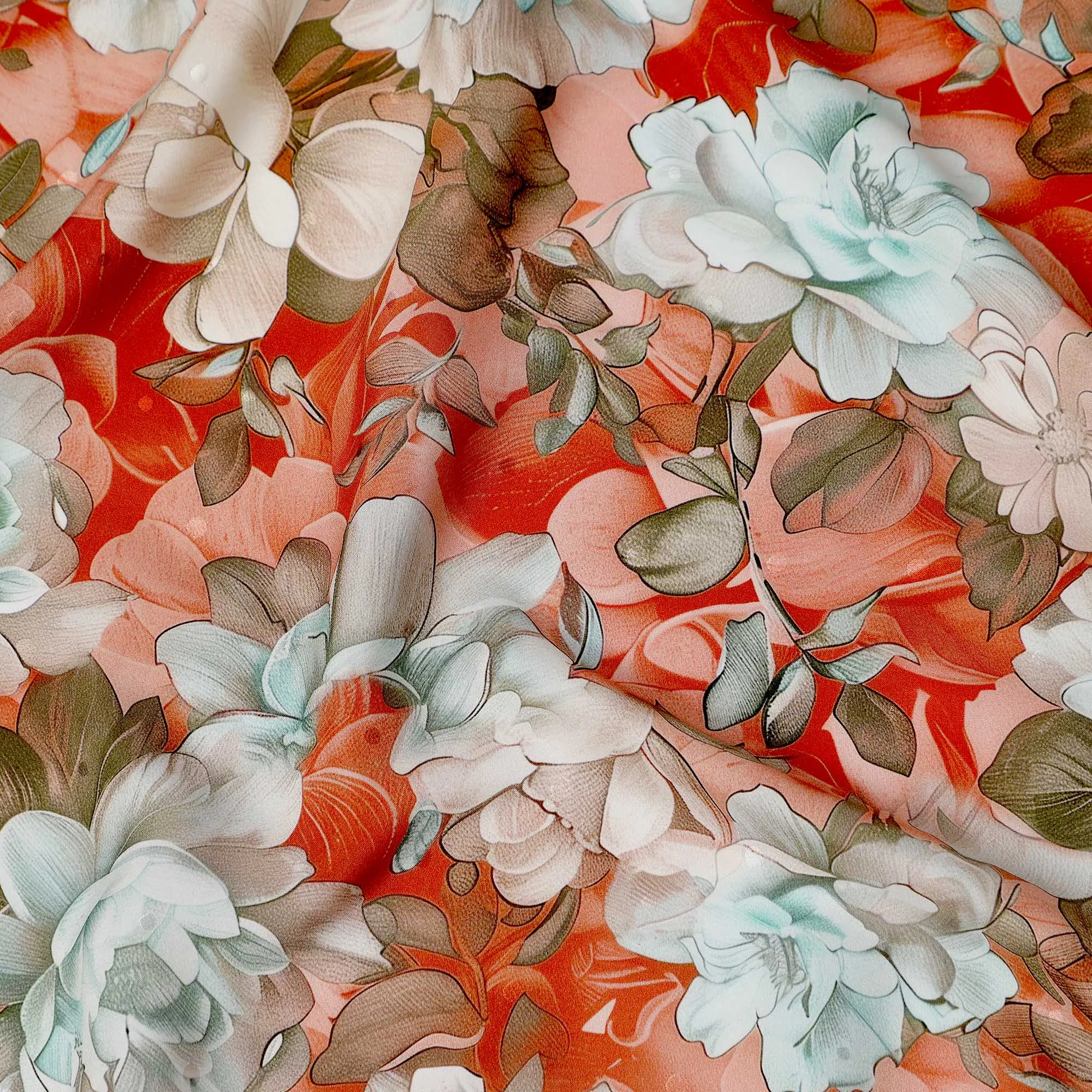 Red and Mint Green Floral Print Pure Silk Satin Fabric, 140 cm Width, Made in Italy -D21166