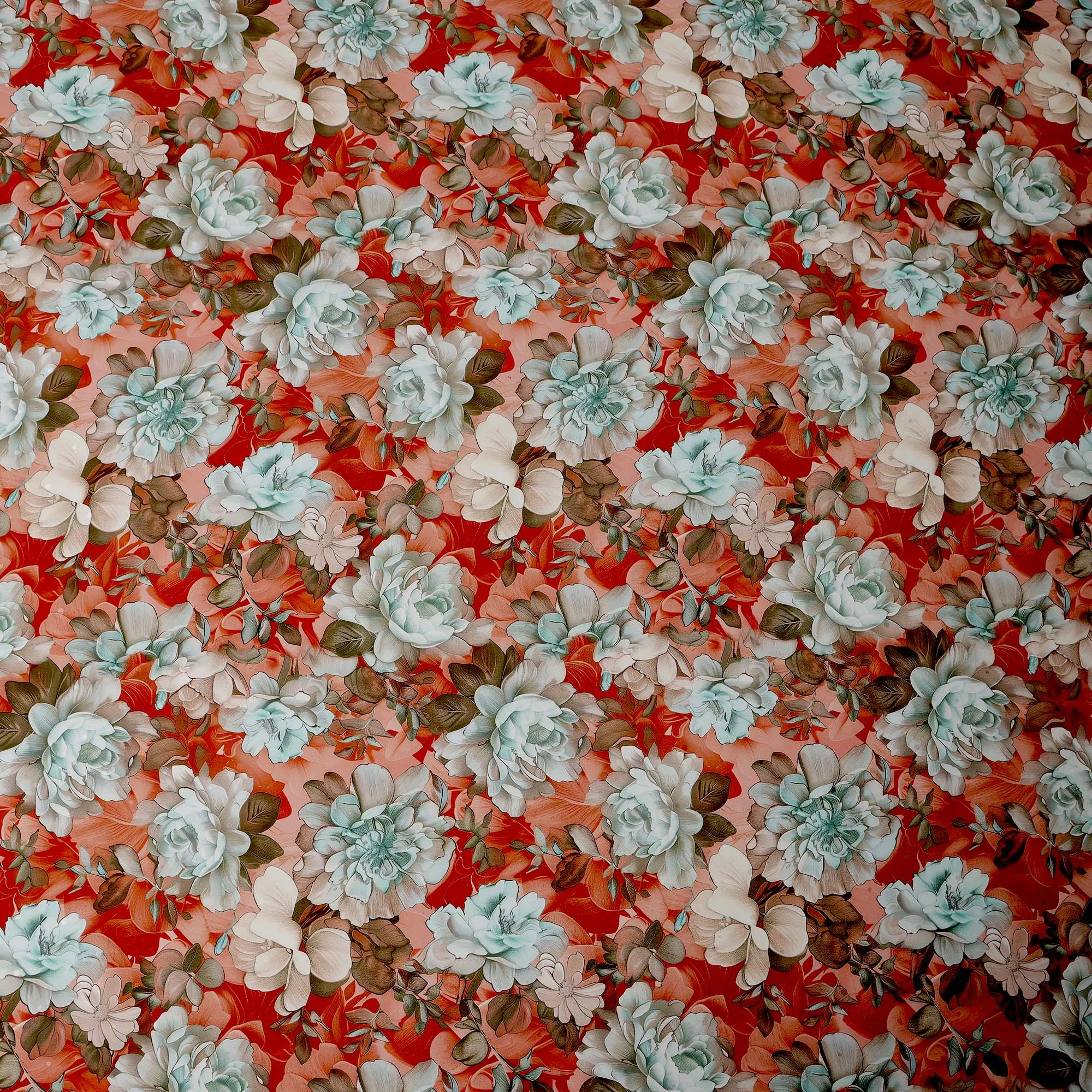 Red and Mint Green Floral Print Pure Silk Satin Fabric, 140 cm Width, Made in Italy -D21166